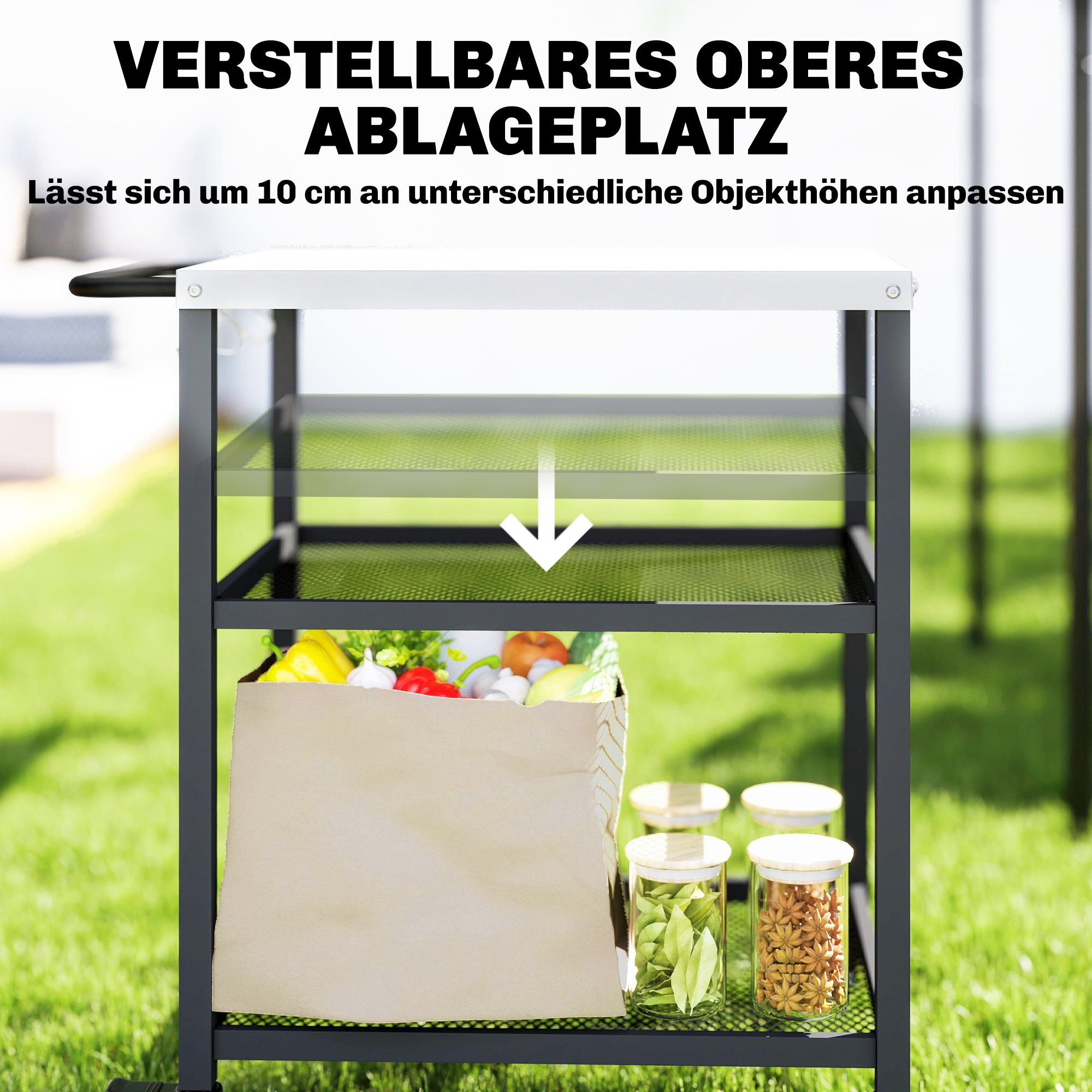 Grillwagen 3-Etagen Servierwagen mit Arbeitsfläche verstellbar Ablagen Haken Räder 77 x 51 x 80 cm Schwarz