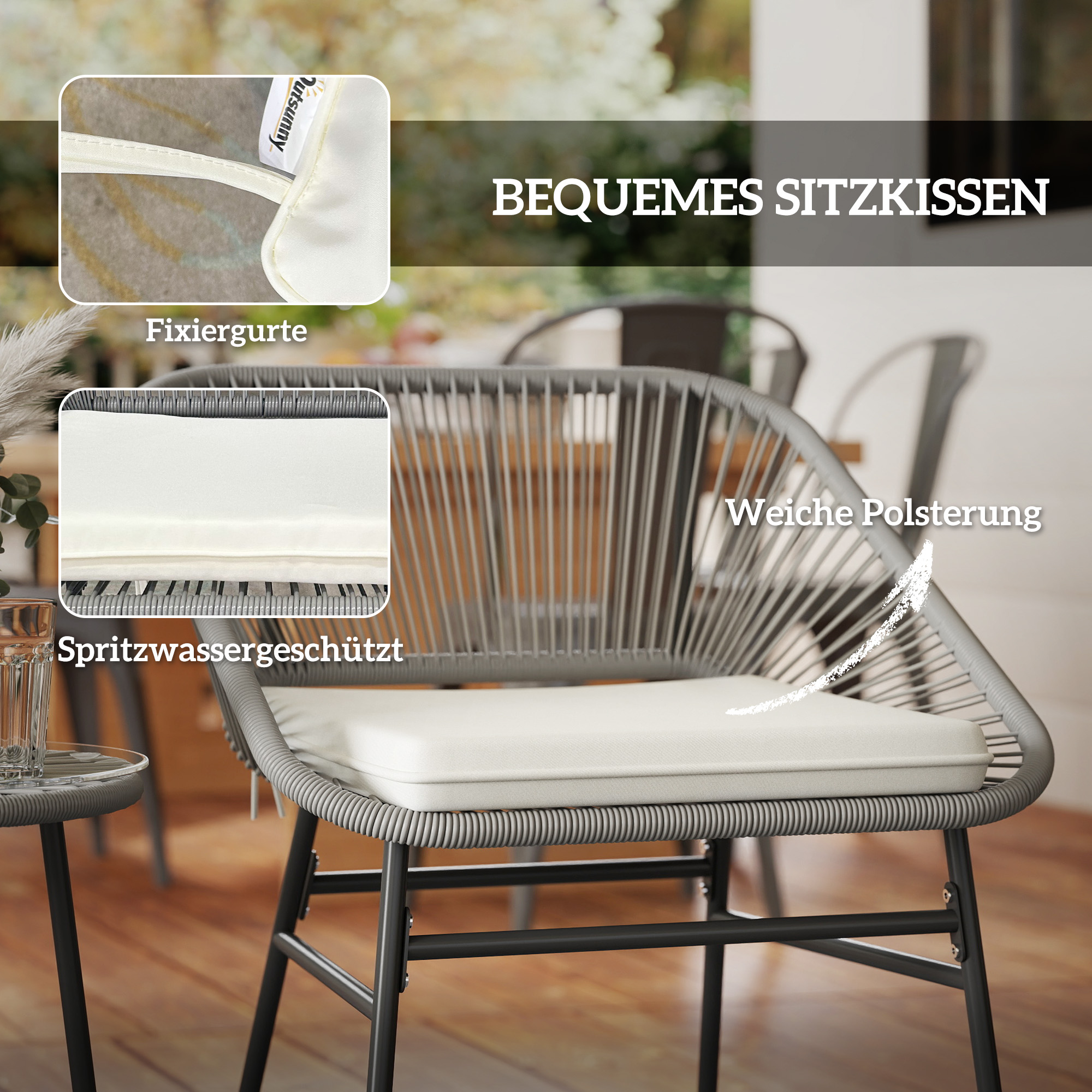 3-teiliges Outdoor-Möbelset, 1 Tisch, 2 Stühle, Rattan-Geflecht, Stahlrahmen, Kaffeetisch mit Glasplatte, Dunkelgrau