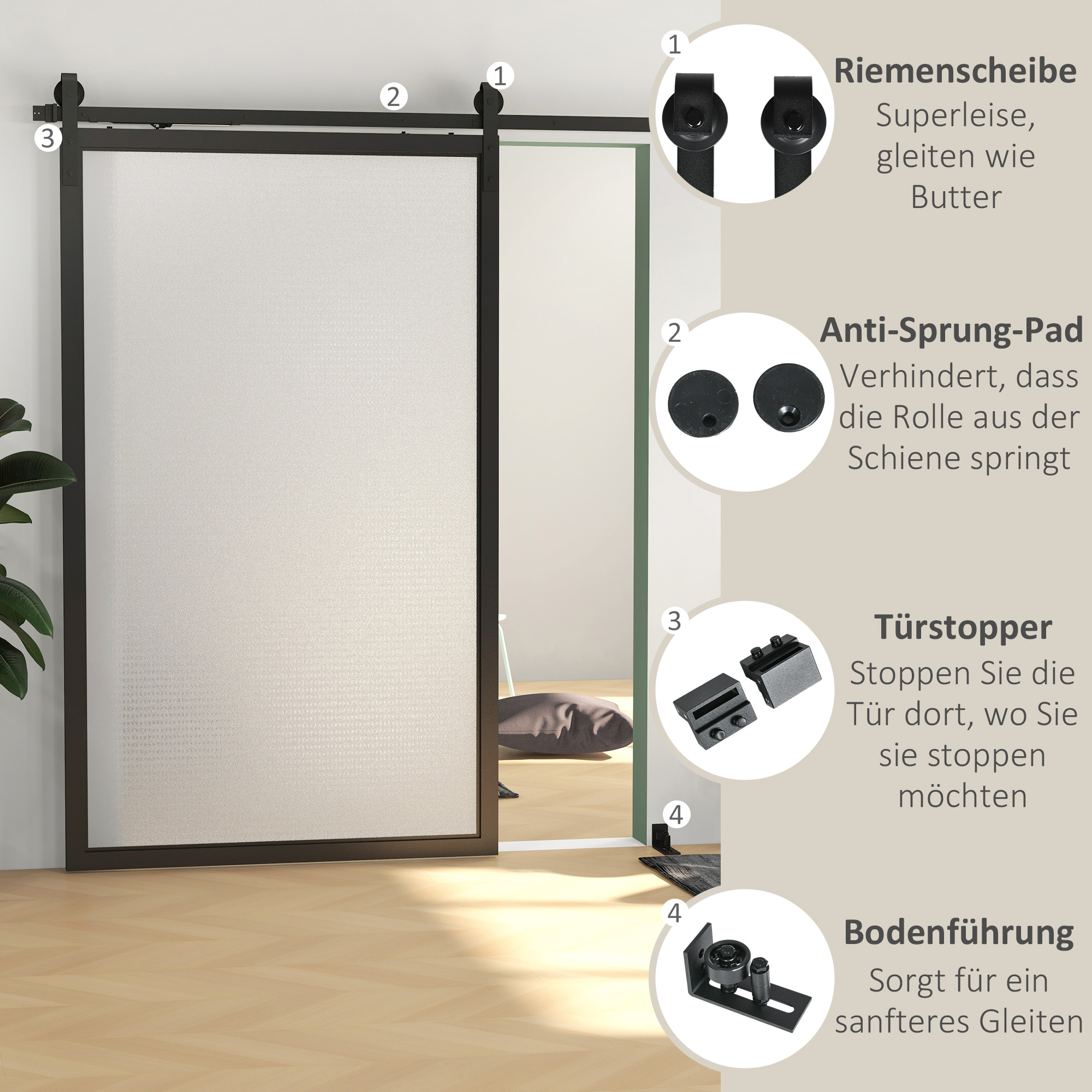 Schiebetür-Bausatz, leise & leichtgängig, für Holz- & Zementwände, 244cm, Stahl, Schwarz