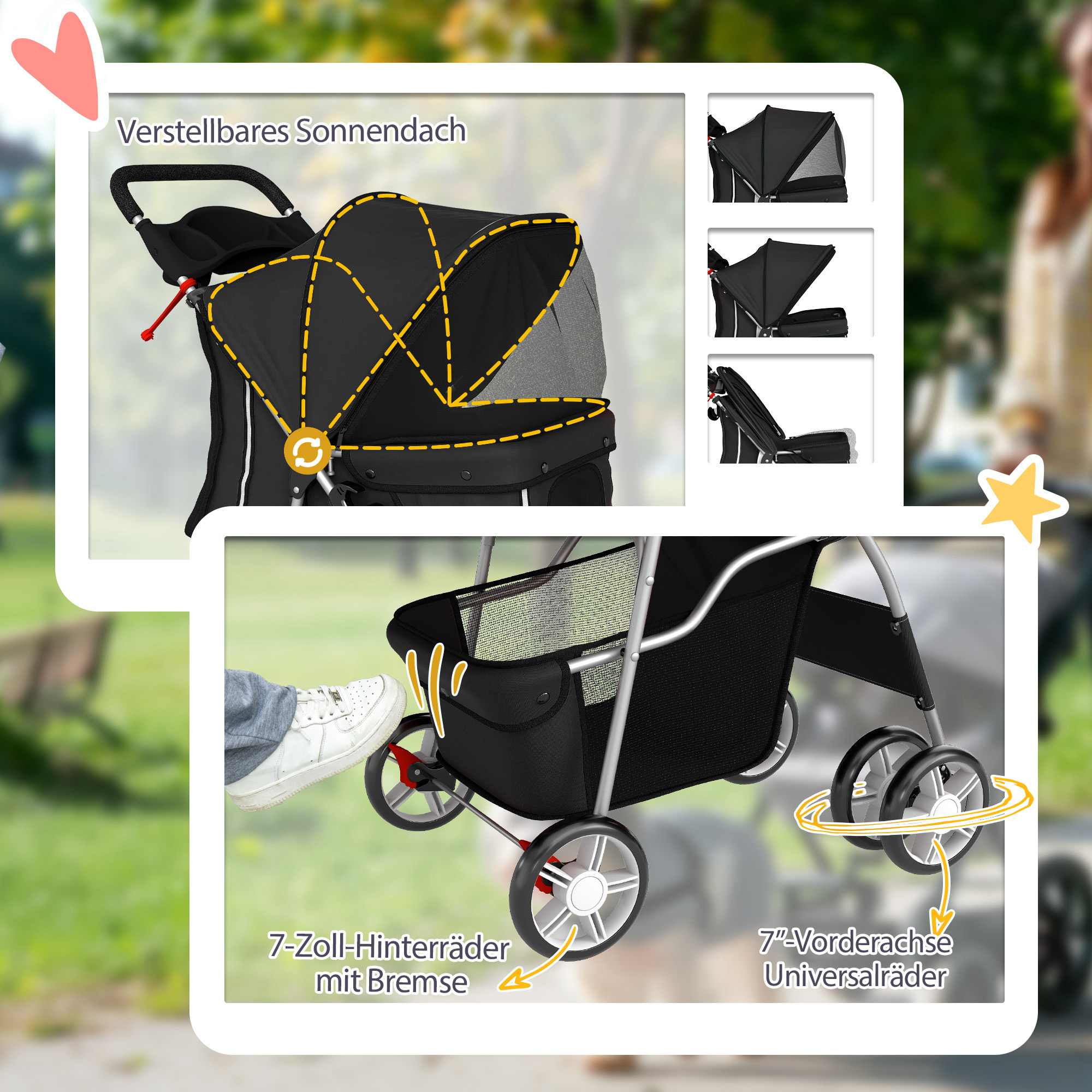 Hundewagen Faltbar Hundebuggy mit Reflektorstreif Aufbewahrungskorb Kissen für kleine Hunde bis 10 kg 77x44x102 cm Schwarz