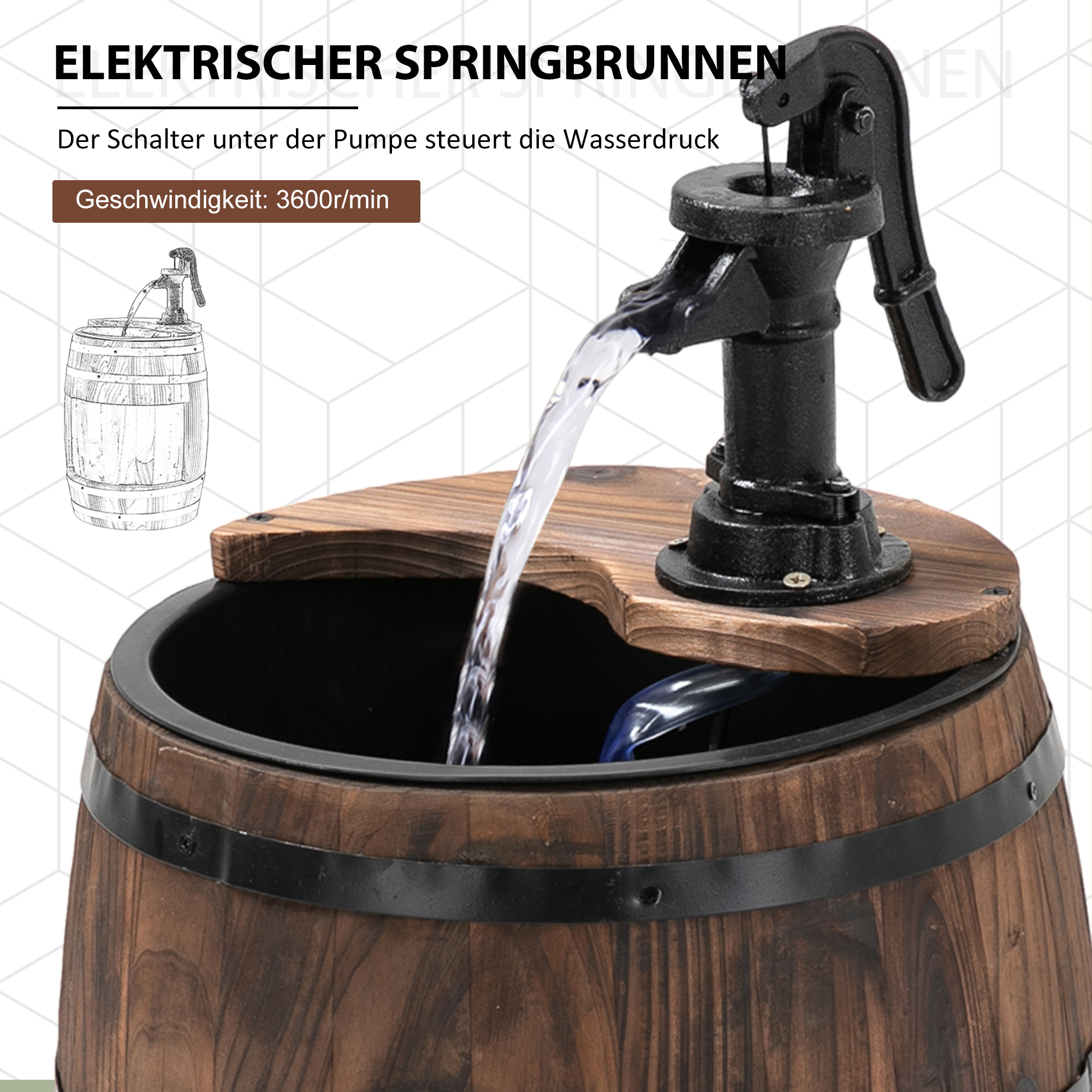 Gartenbrunnen Zierbrunnen Springbrunnen Fassbrunnen Wasserfall Holzfass mit Pflanzgefäß Tannenholz Dunkelbraun Ø27 x 59 cm