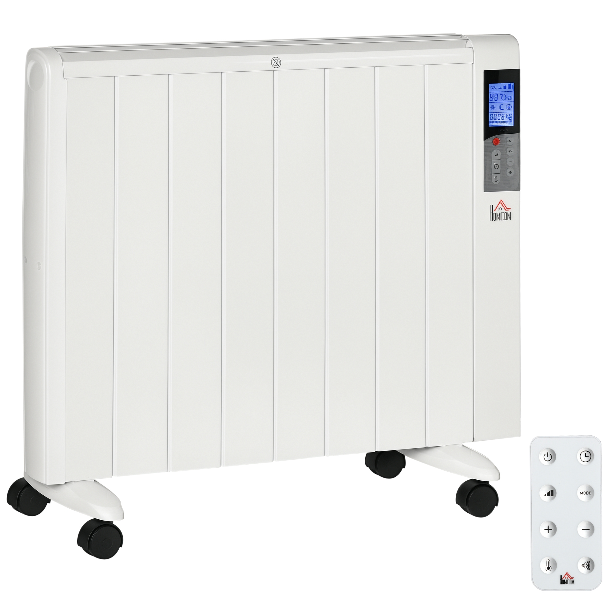 Elektroheizung mit Rollen, 9 vorinstallierte Modi, Wandmontage möglich, 5-35° C, weiß, 75 x 7,5 x 58,5 cm