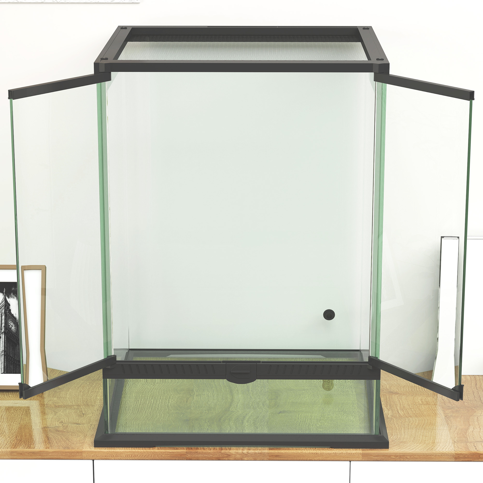 Terrarium, Glasgehäuse, verriegelbar, Kabelmanagement, 45x45x60cm, Schwarz