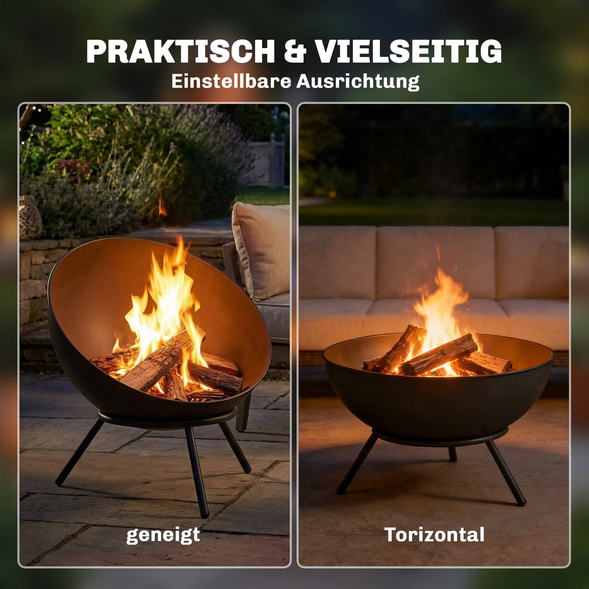 Feuerschale 60 x 53 x 66cm verstellbar Feuerstelle mit Schürhaken Kohlegitter Ständer Schwarz