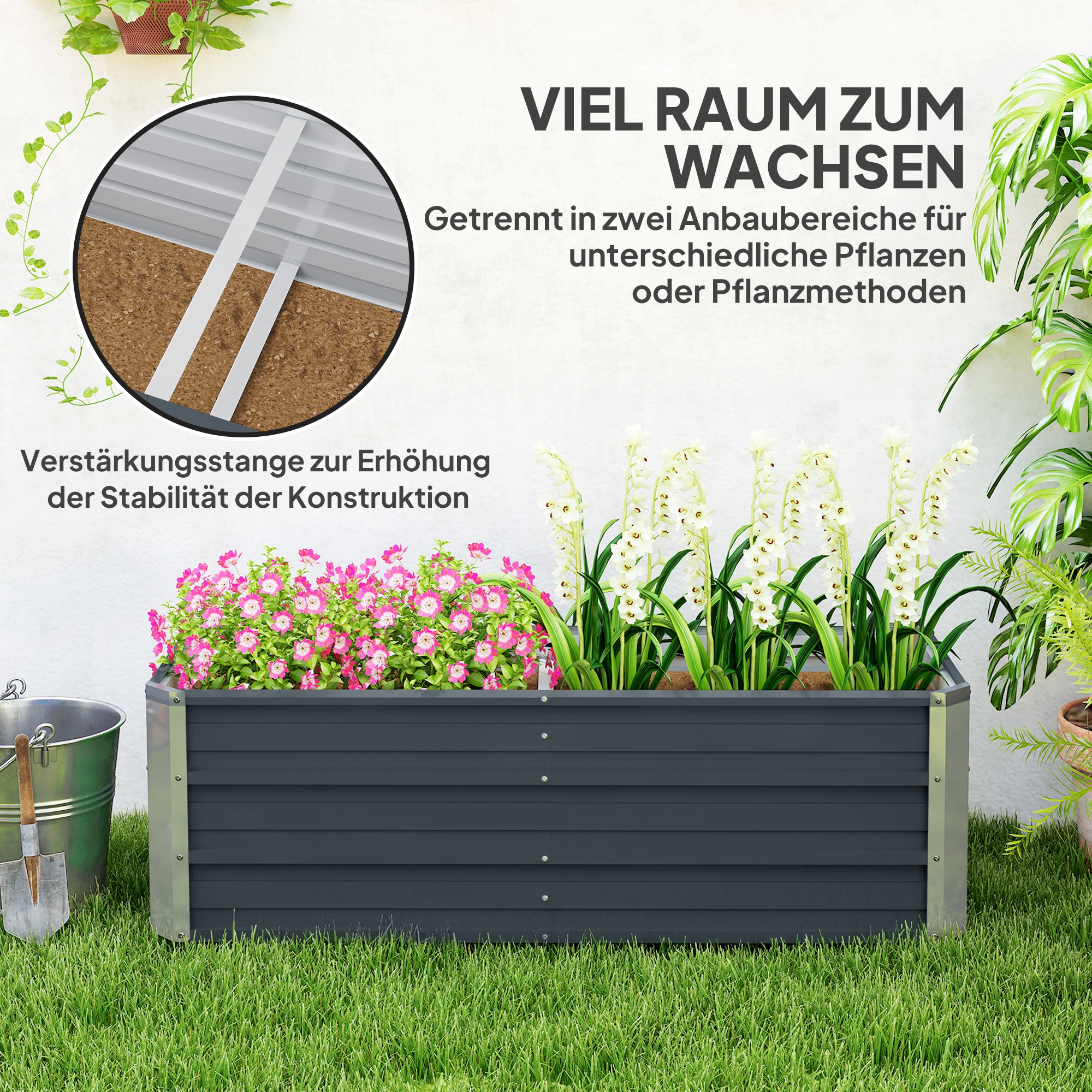 Hochbeet aus Stahl Gartenbeet Pflanzkasten Blumenkasten Blumenkübel mit Handschuhe Kohlegrau 125 x 47 x 40 cm