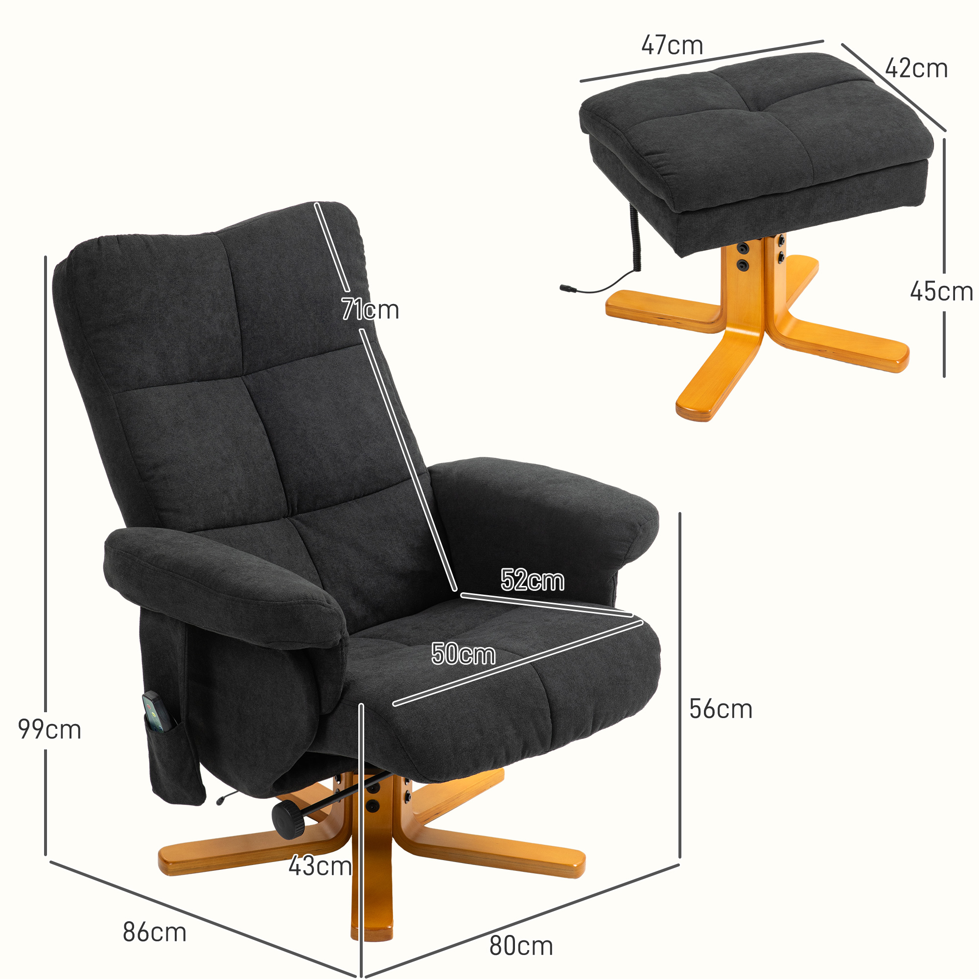 Massagesessel mit Liegefunktion und Fußhocker, 145°-Neigung, Polyester, 80 x 86 x 99 cm, Schwarz