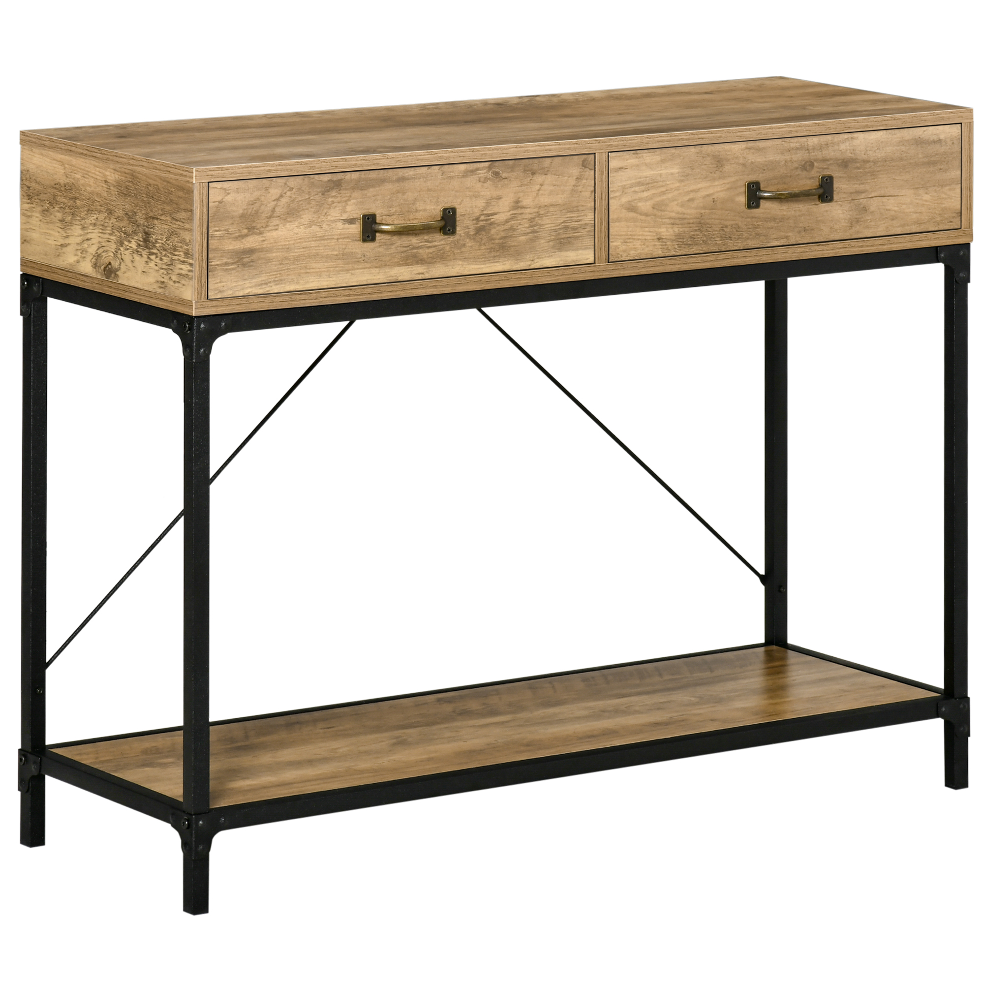 Konsolentisch Flurtisch mit Ablage und 2 Schubladen, 100 x 35 x 76,5 cm Beistelltisch Sofatisch Ausstellungstisch für Kleinen Raum, Eingang, Flur, Wohnzimmer Braun+Schwarz