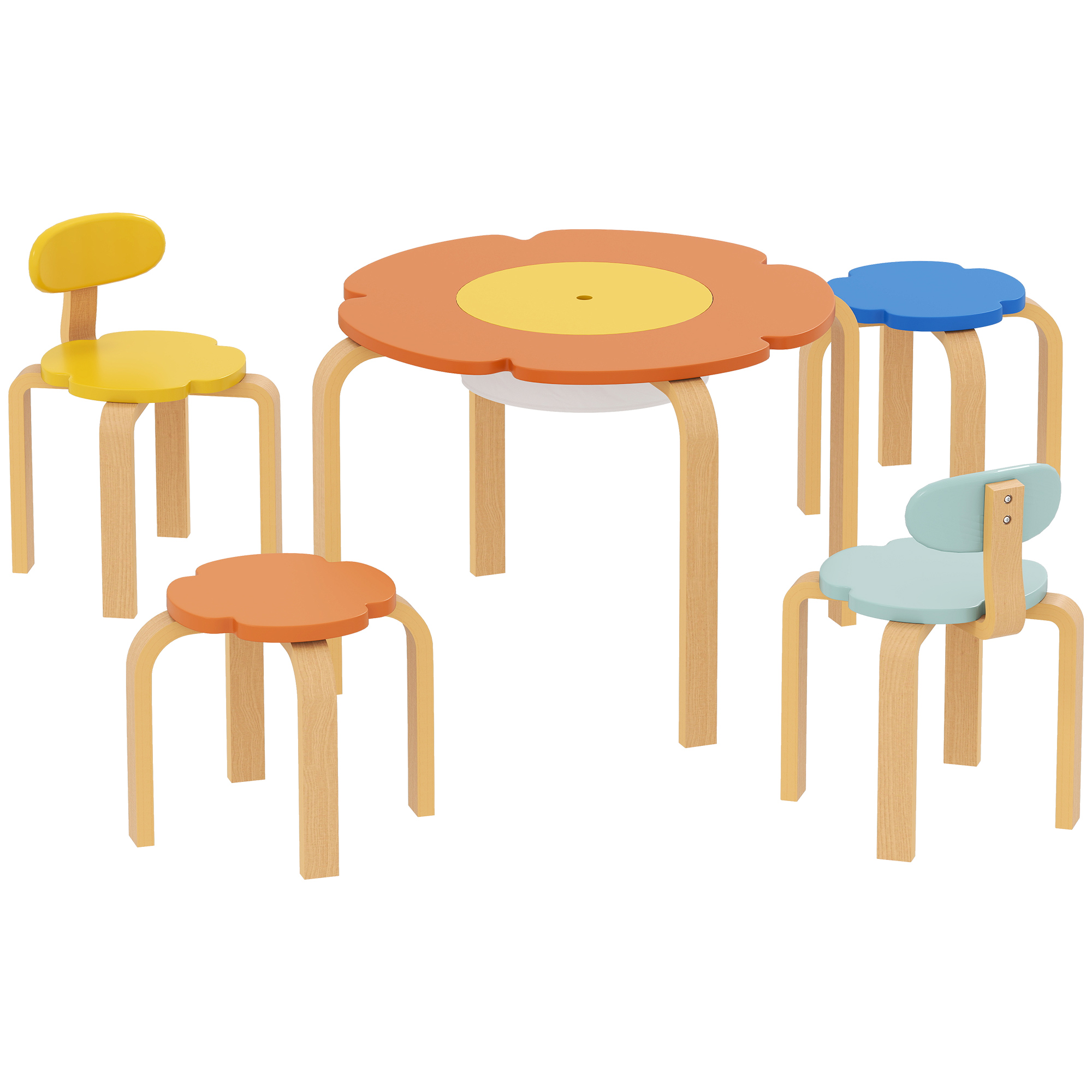 5-teiliges Kindertisch- und Stuhl-Set, mit Aufbewahrungstasche, Blumenform, für Spielzimmer, Kinderzimmer, Holz, Bunt 5-teiliges Kindertisch- und Stuhl-Set, mit Aufbewahrungstasche, Blumenform, für Spielzimmer, Kinderzimmer, Holz, Bunt