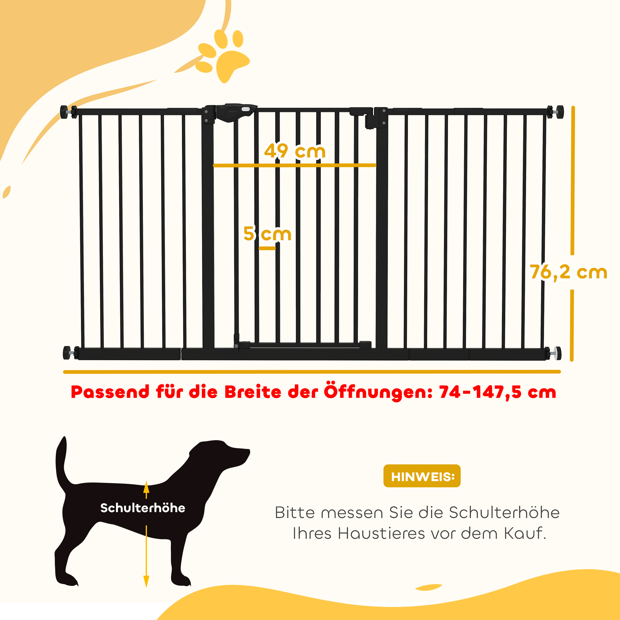Türschutzgitter Treppenschutzgitter mit 17,5/20,3/30,5 cm Verlängerung Türgitter ohne Bohren mit Auto-Close für Breiten 74-147,5 cm Beidseitig Schwenkbar Metall Schwarz