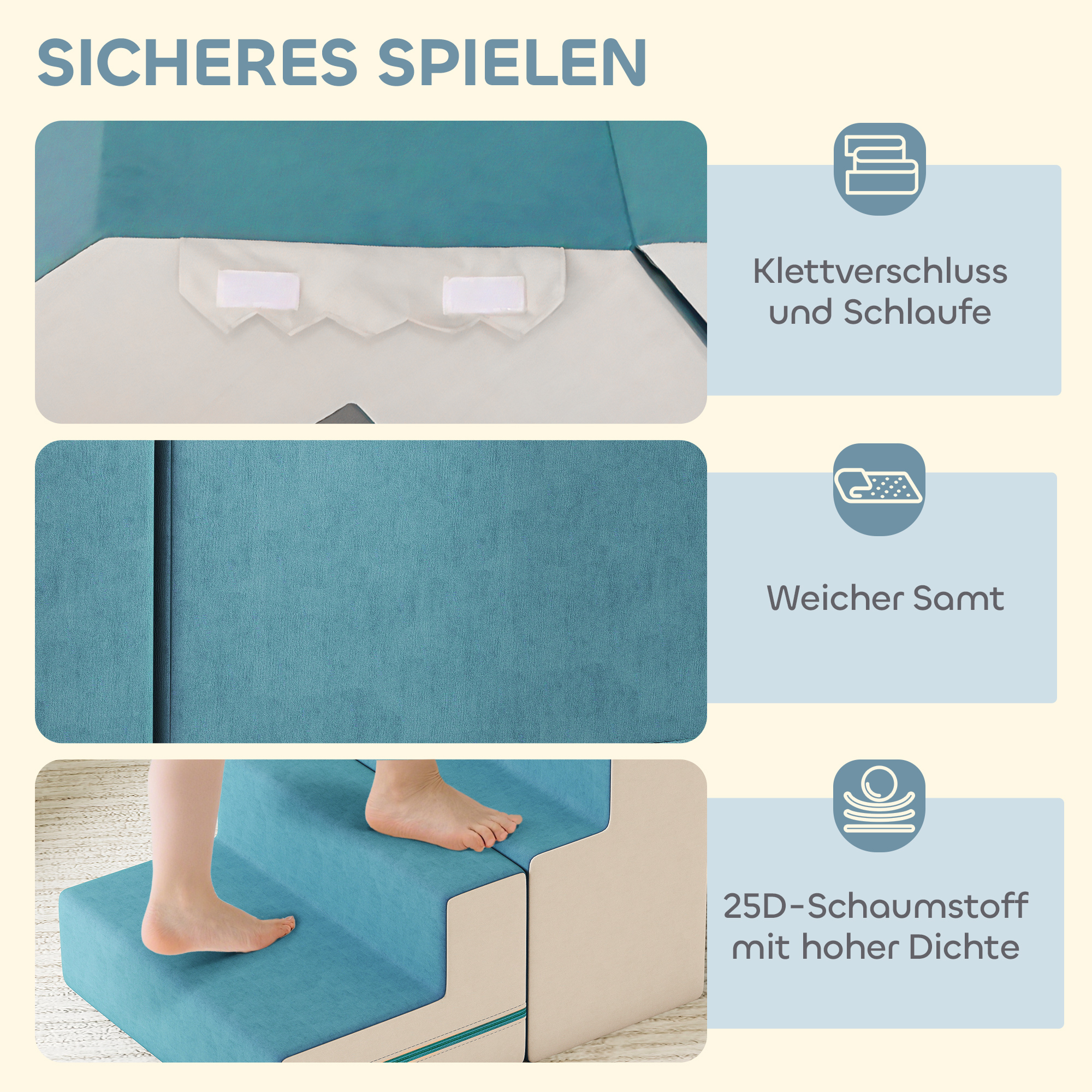 2-teiliges weiches Spielblöcke-Set für Kleinkinder, Kunstleder, Schaumstoff, zum Klettern, Bauen, Spielen, Beige+Blau