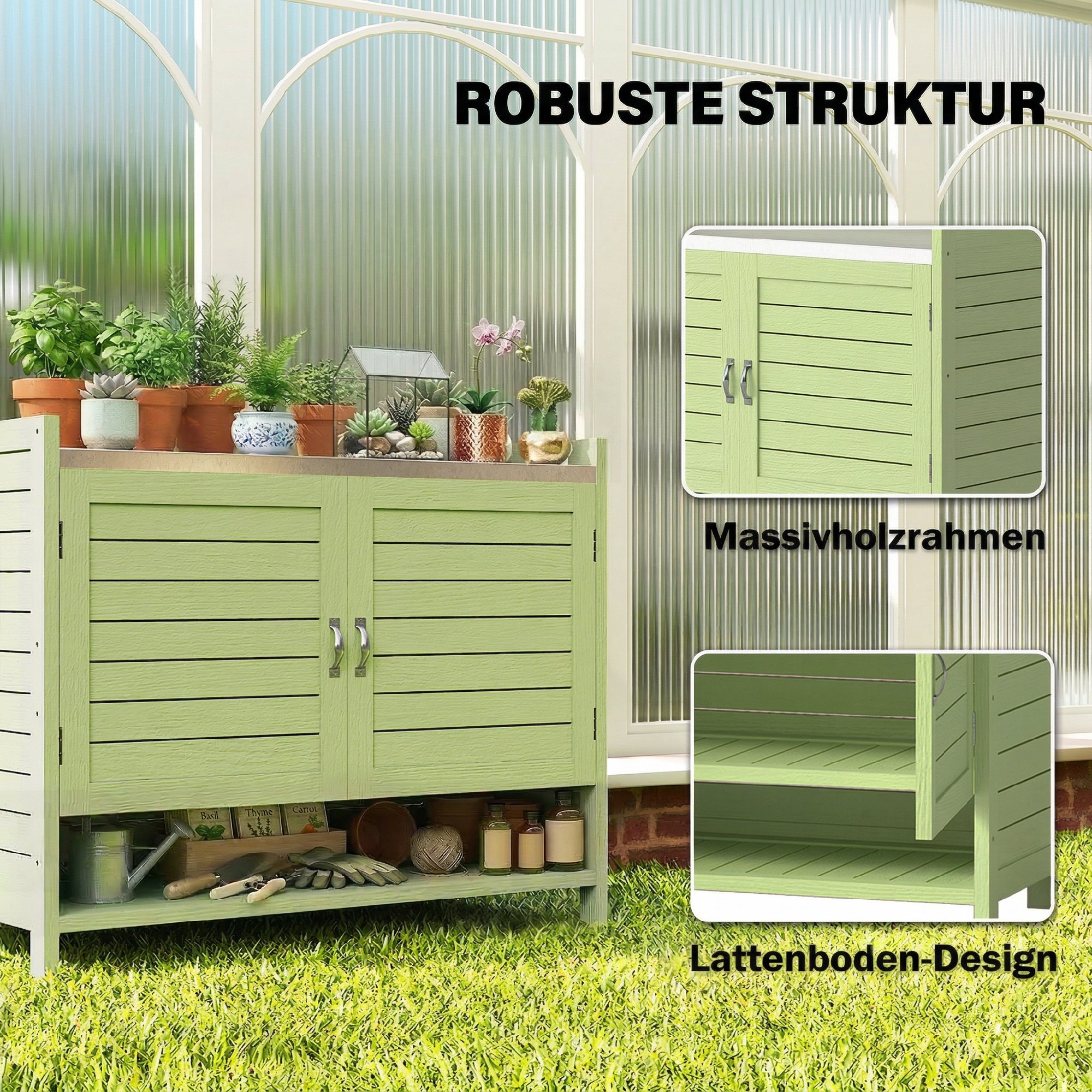 Pflanztisch mit Unterschrank aus Holz Outdoor Gartenschrank mit verzinkter Arbeitsplatte 3 Regalböden 88x40x70,5cm Grün