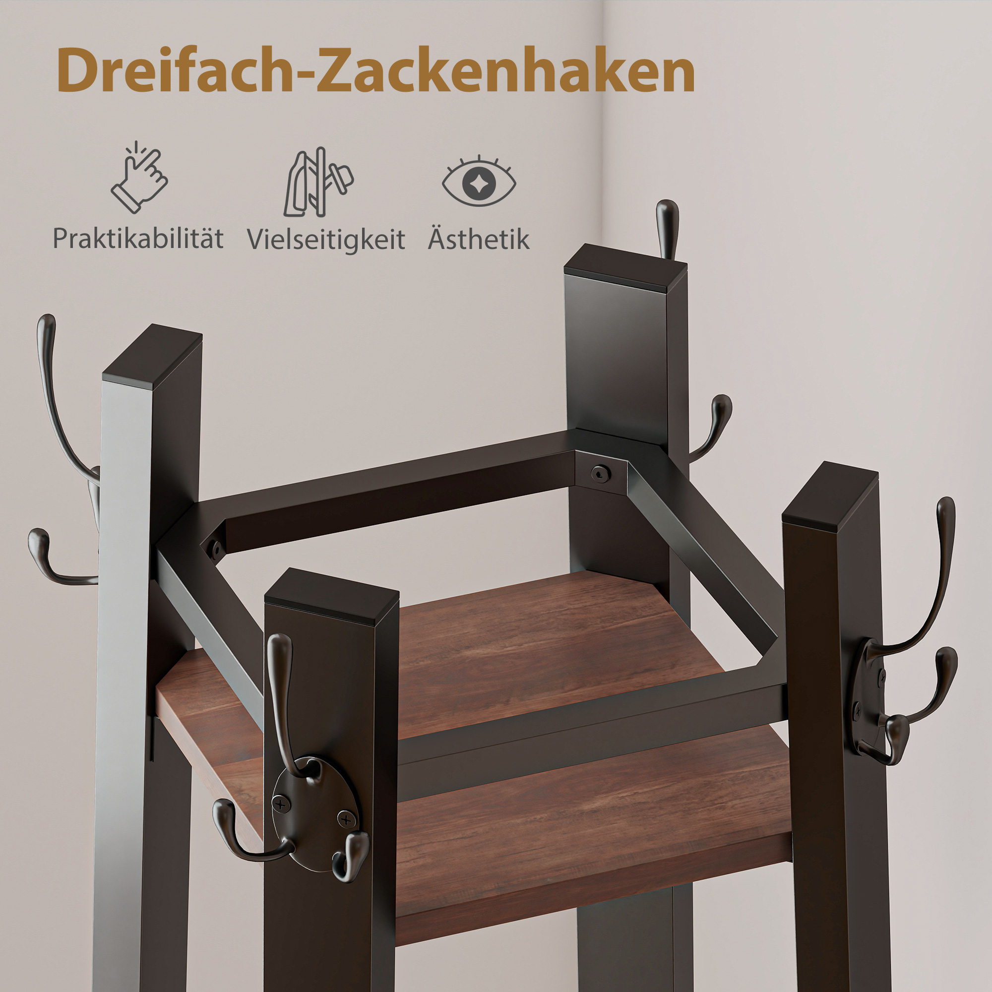 Garderobenständer mit 4 Ebenen, freistehender Kleiderständer, 8 Haken, 4 Regale, Industrie-Stil, Metall, Spanplatte, Braun