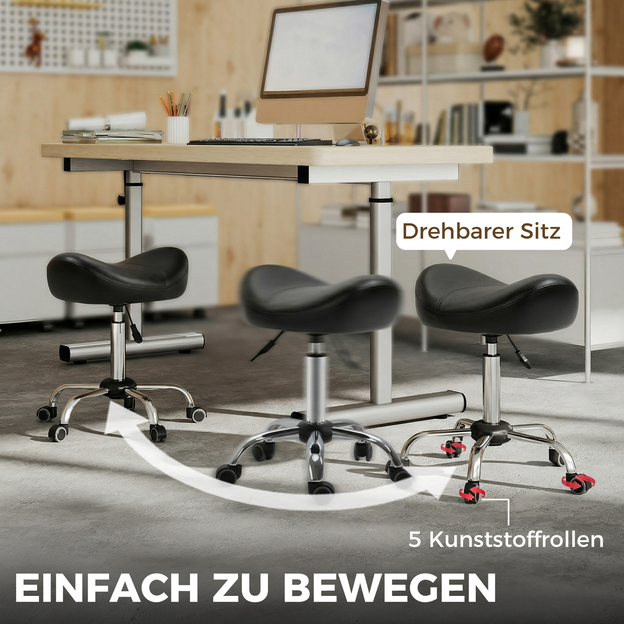 Salonhocker mit Sattelsitz, höhenverstellbar, Kunstleder, 48x48x54-69cm, Schwarz