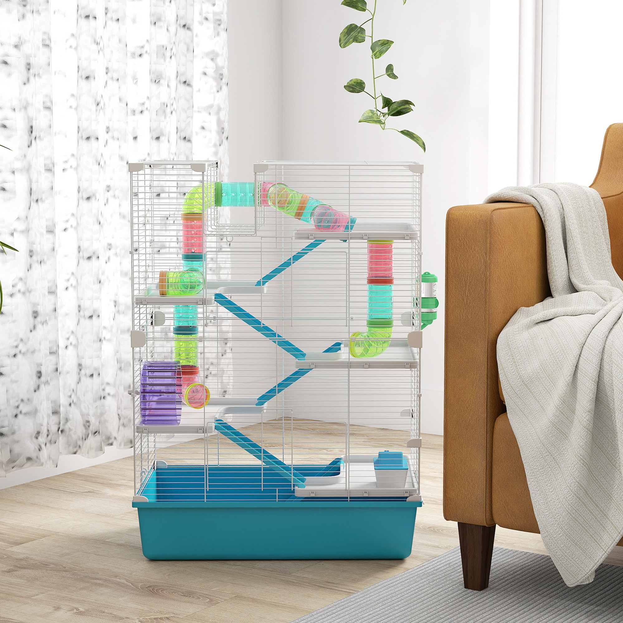 6-stöckiger Hamsterkäfig mit Röhren, Tunnels, Hütte, Laufrad, Futterschale, Wasserflasche, Rampen, Hellblau