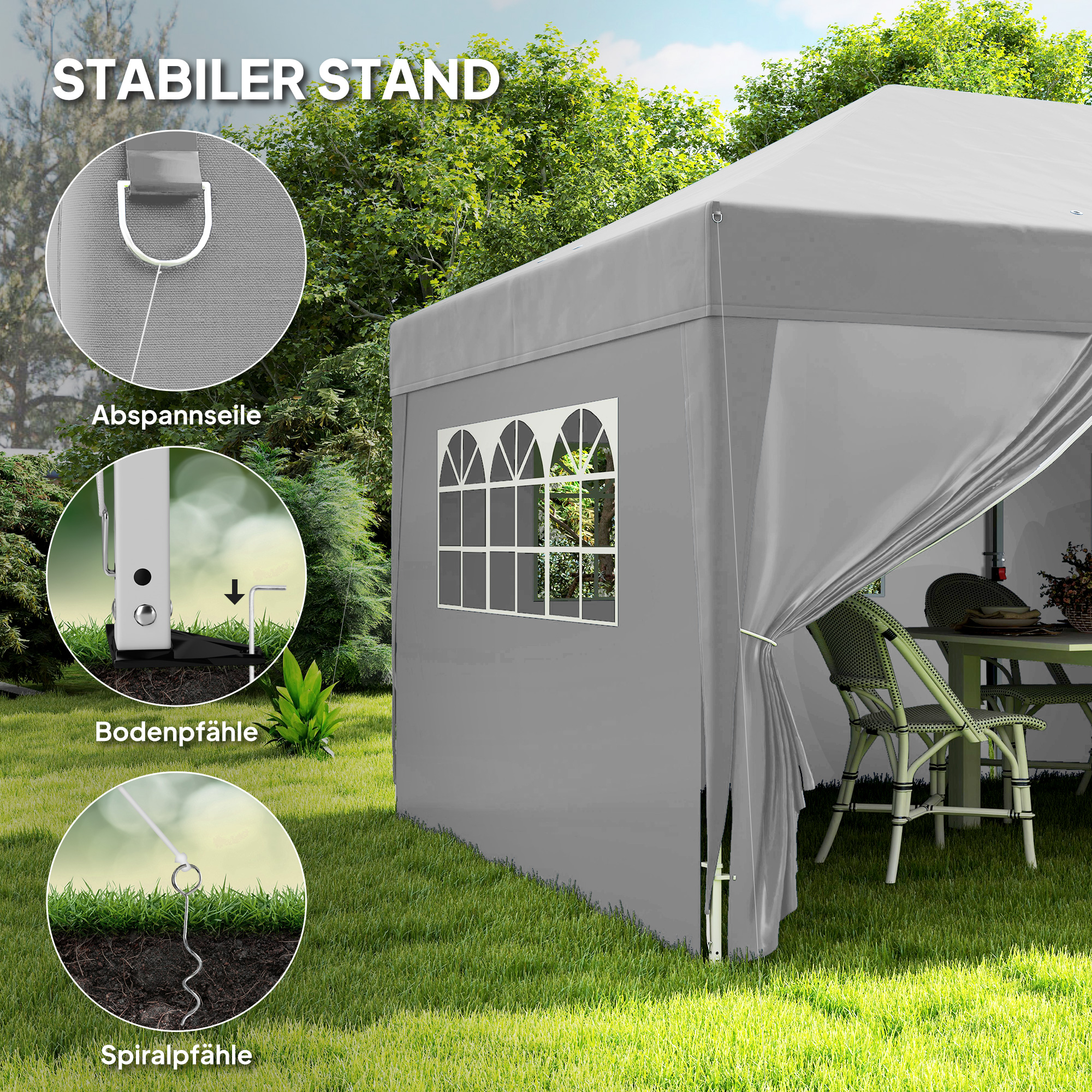 Pavillon ca. 6x3m Stabil Winterfest Pop-up Faltpavillon mit Fenster Reißverschlusstür Seitenteilen UV Schutz