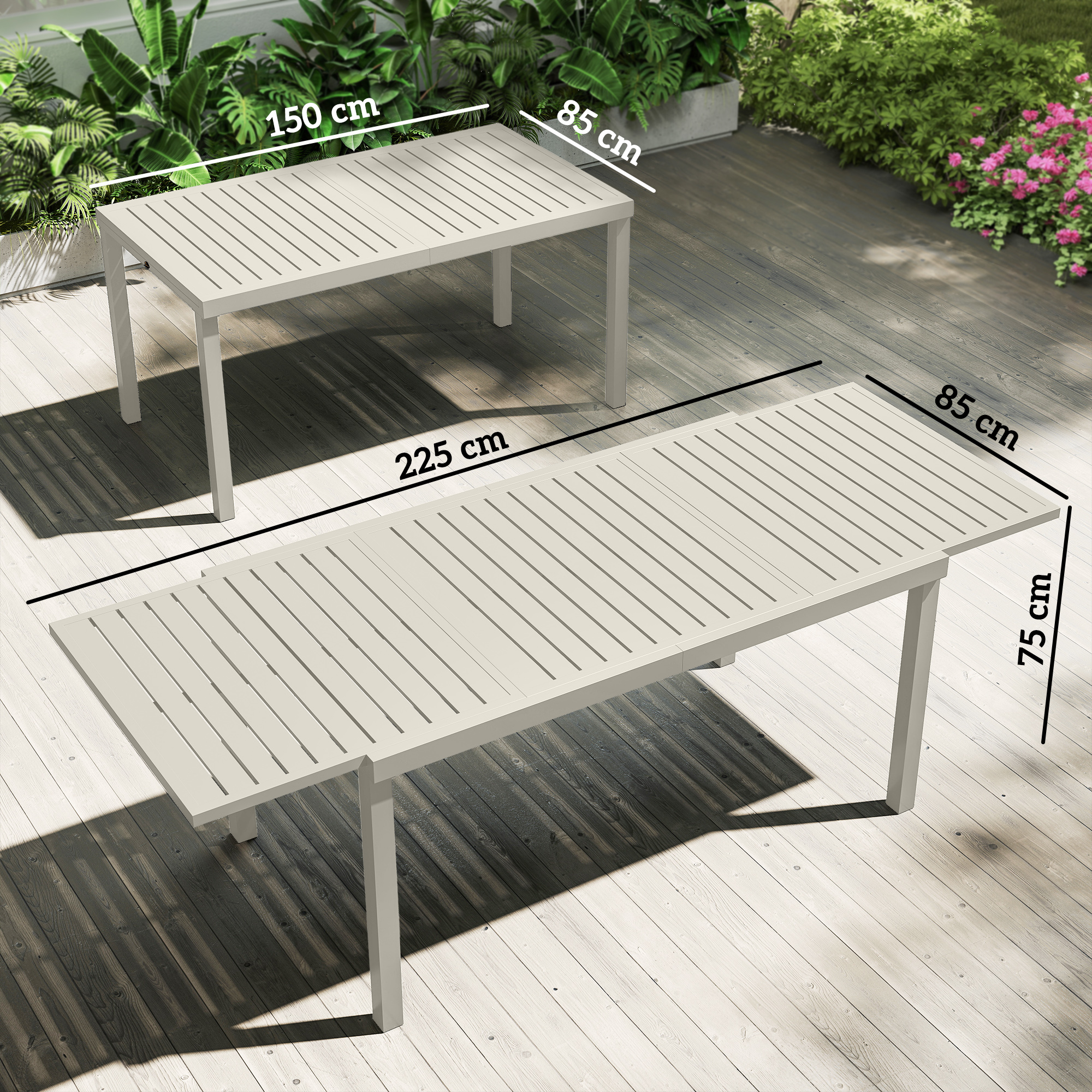 Gartentisch Ausziehbarer 150/225 x 85 cm Aluminium Esstisch für 6-8 Personen, Rechteckig Lamellenoptik