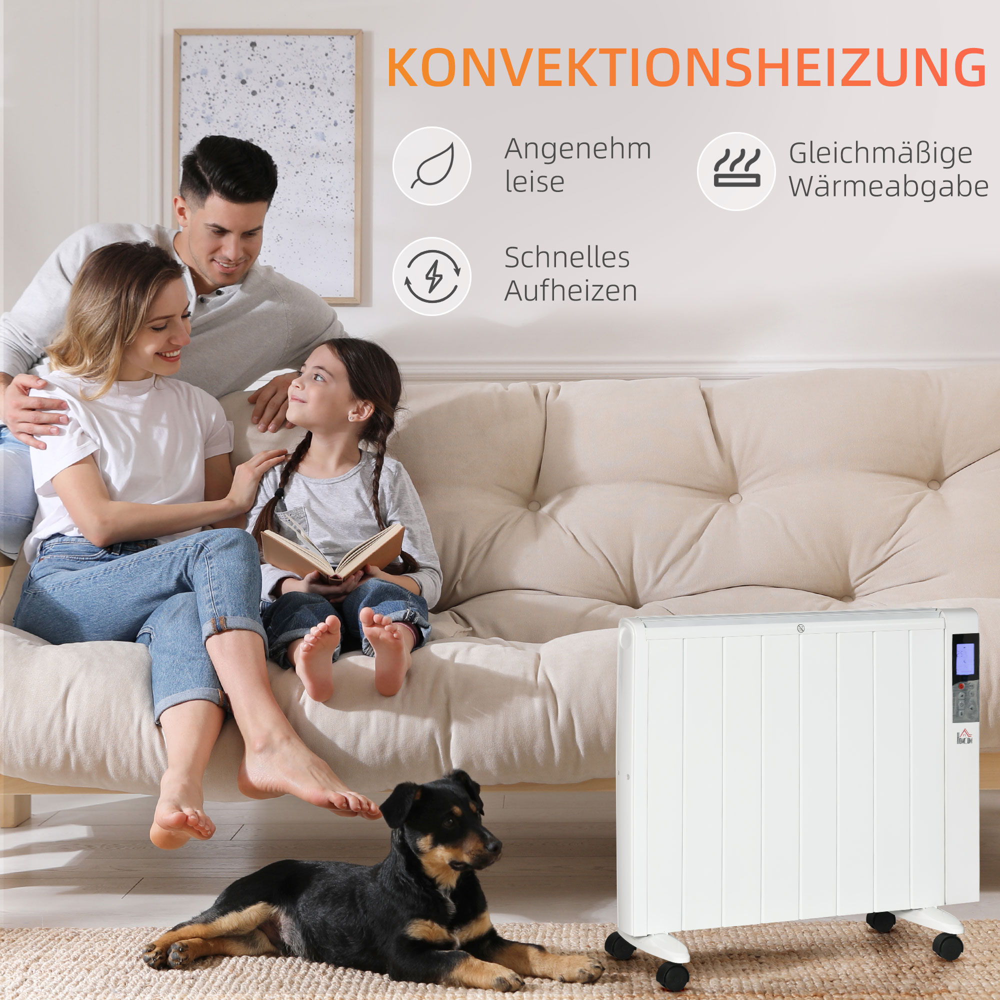 Elektroheizung mit Rollen, 9 vorinstallierte Modi, Wandmontage möglich, 5-35° C, weiß, 75 x 7,5 x 58,5 cm