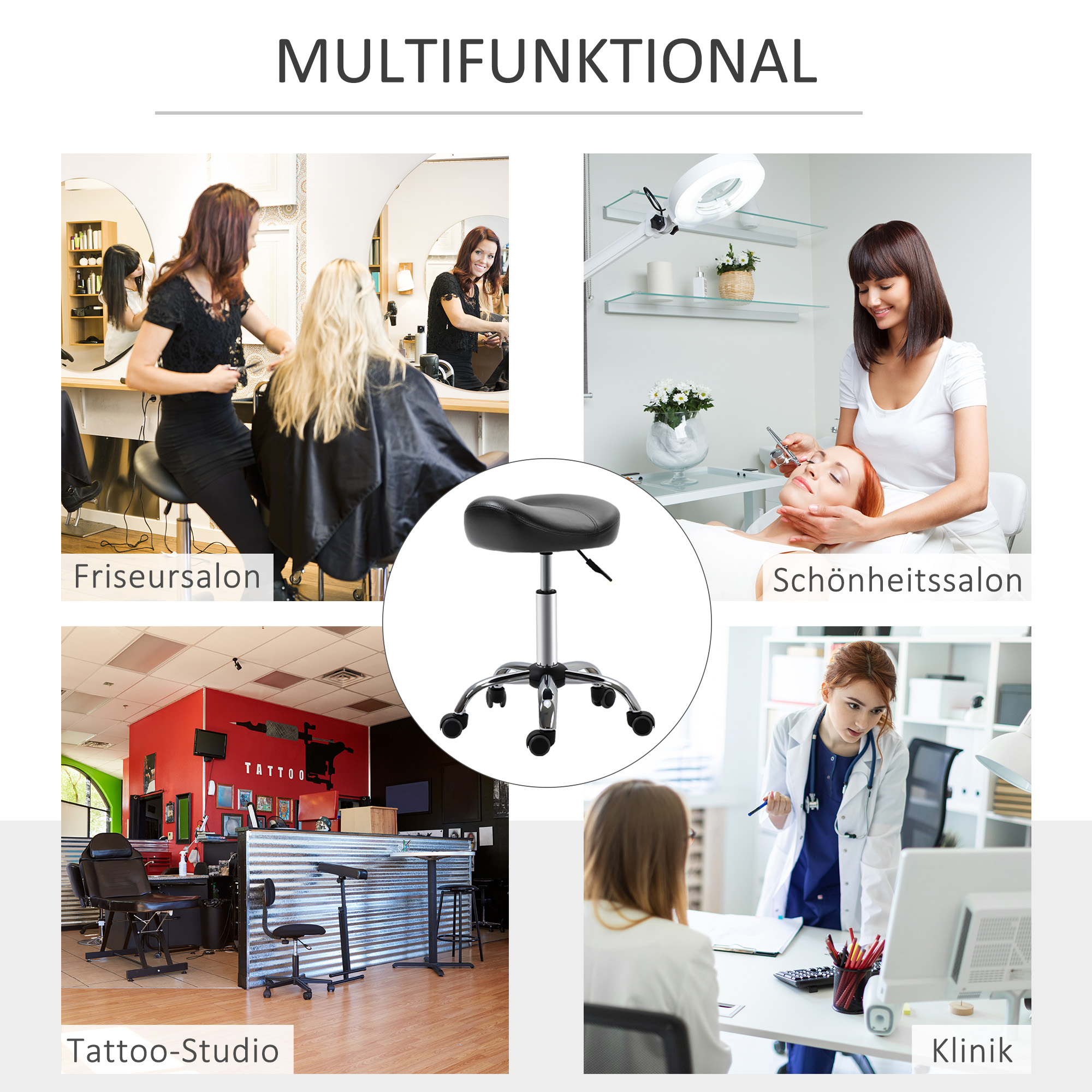 Salonhocker mit Sattelsitz, höhenverstellbar, Kunstleder, 48x48x54-69cm, Schwarz