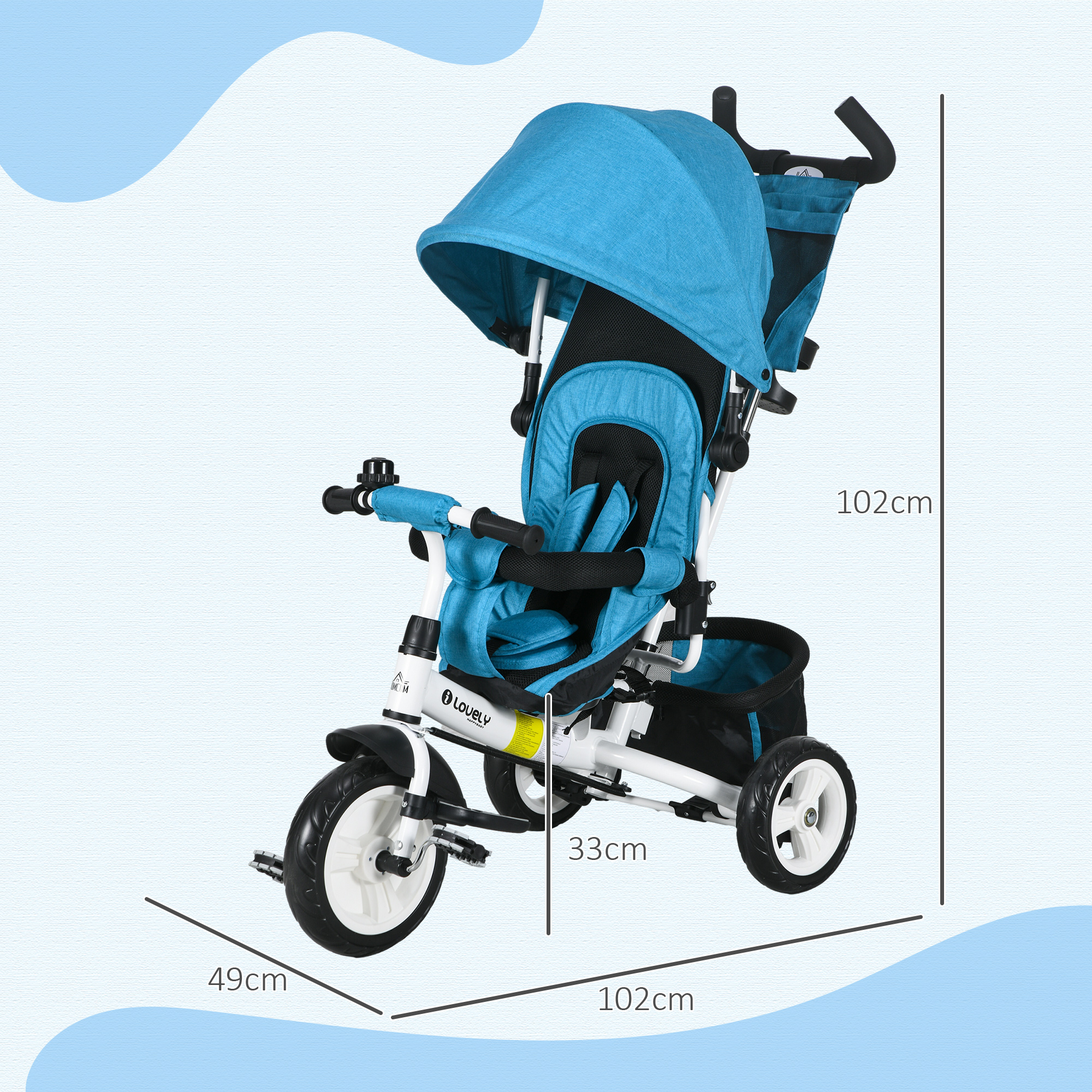 Kinder-Dreirad, Kinderfahrrad, Rückenkorb, Becherhalter, Sonnendach, Metall, Blau