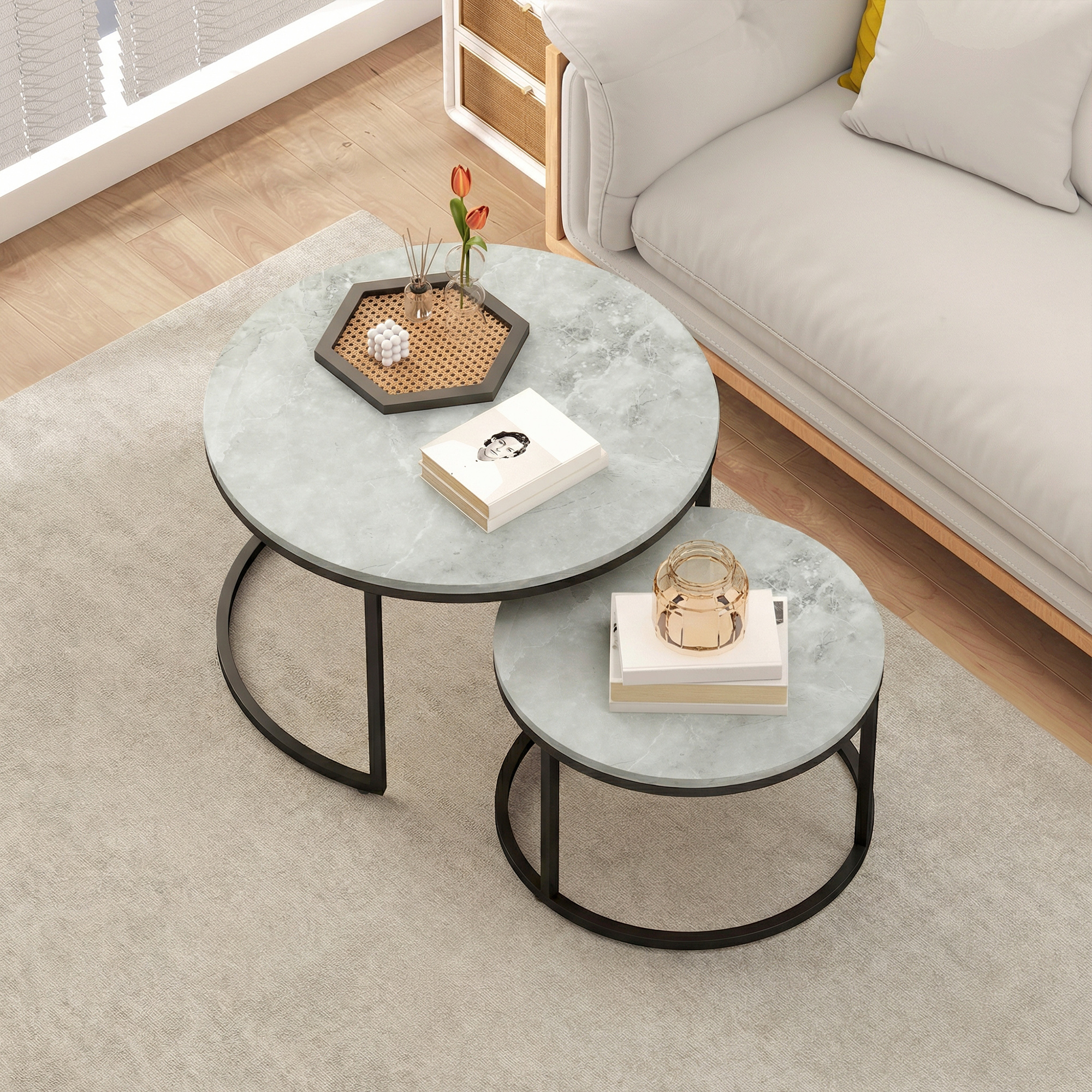 Modernes Kaffeetisch 2er-Set, Stapelbare Beistelltische mit Metallgestell für Wohnzimmer, Schlafzimmer, Büro, Grau