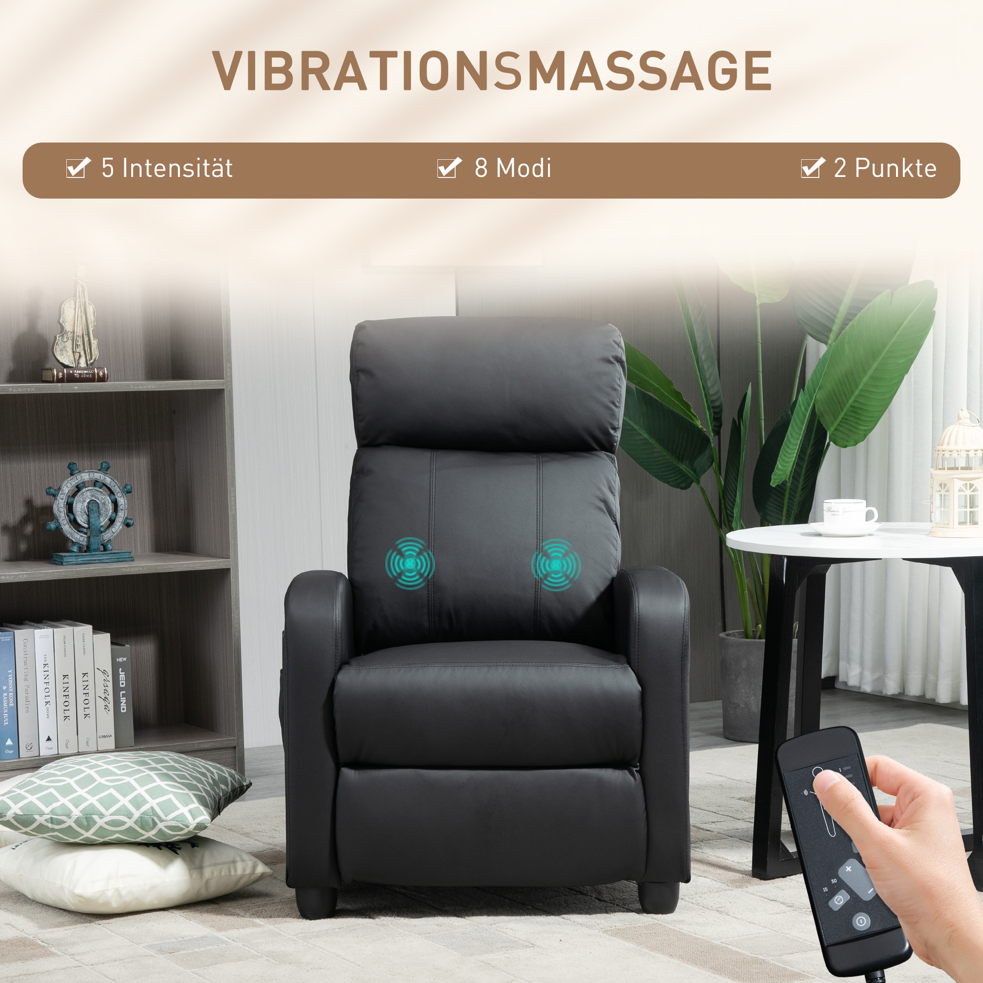 Relaxsessel Fernsehsessel mit Vibrationsmassage, Massagesessel mit Liegefunktion, 2 Massagepunkte, TV Sessel mit Fernbedienung, Seitentasche, Kunstleder für Wohnzimmer, Schwarz