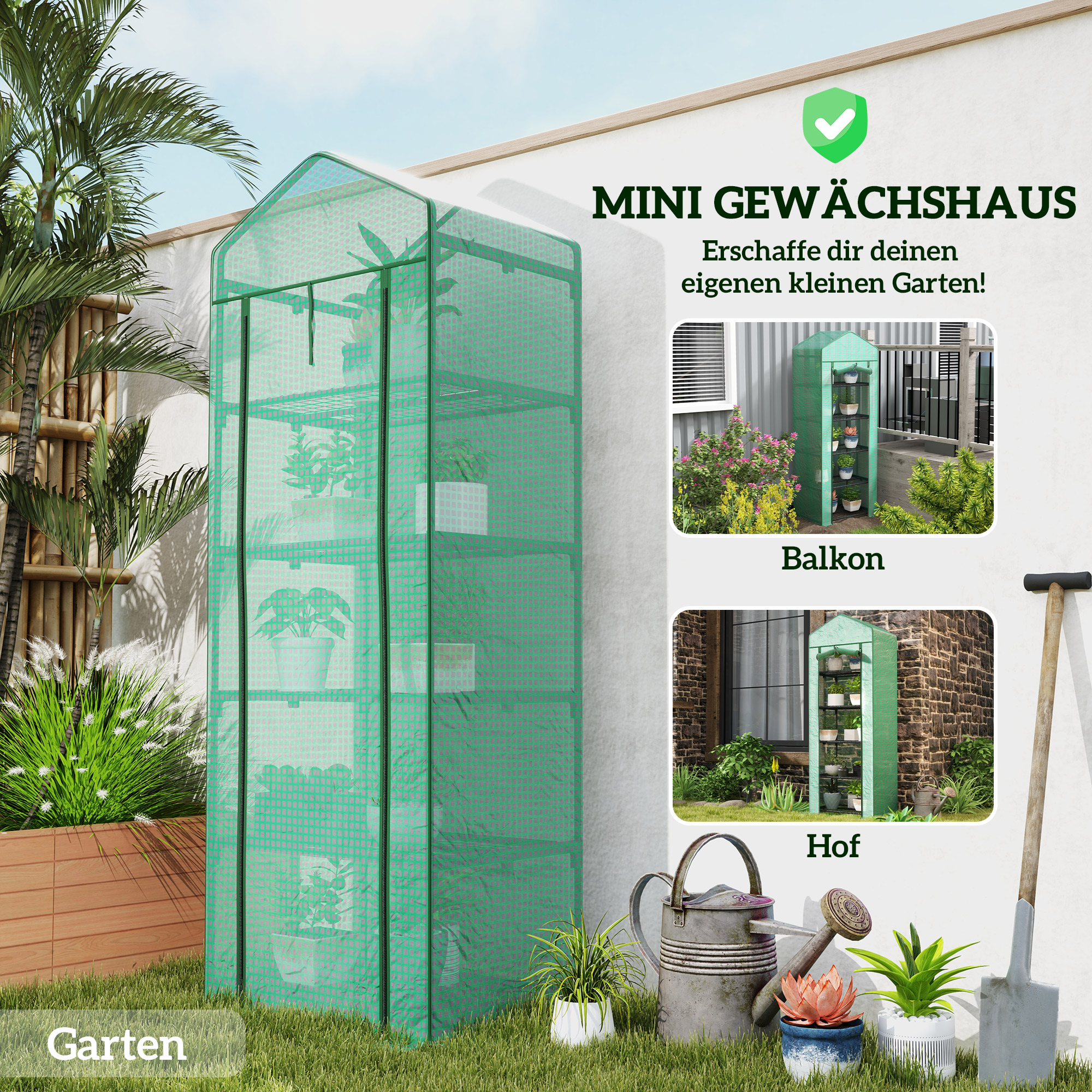 Mini-Gewächshaus für Blumen oder Gemüse, Stahl, Kunststoff, 69L x 49B x 193H cm, Grün