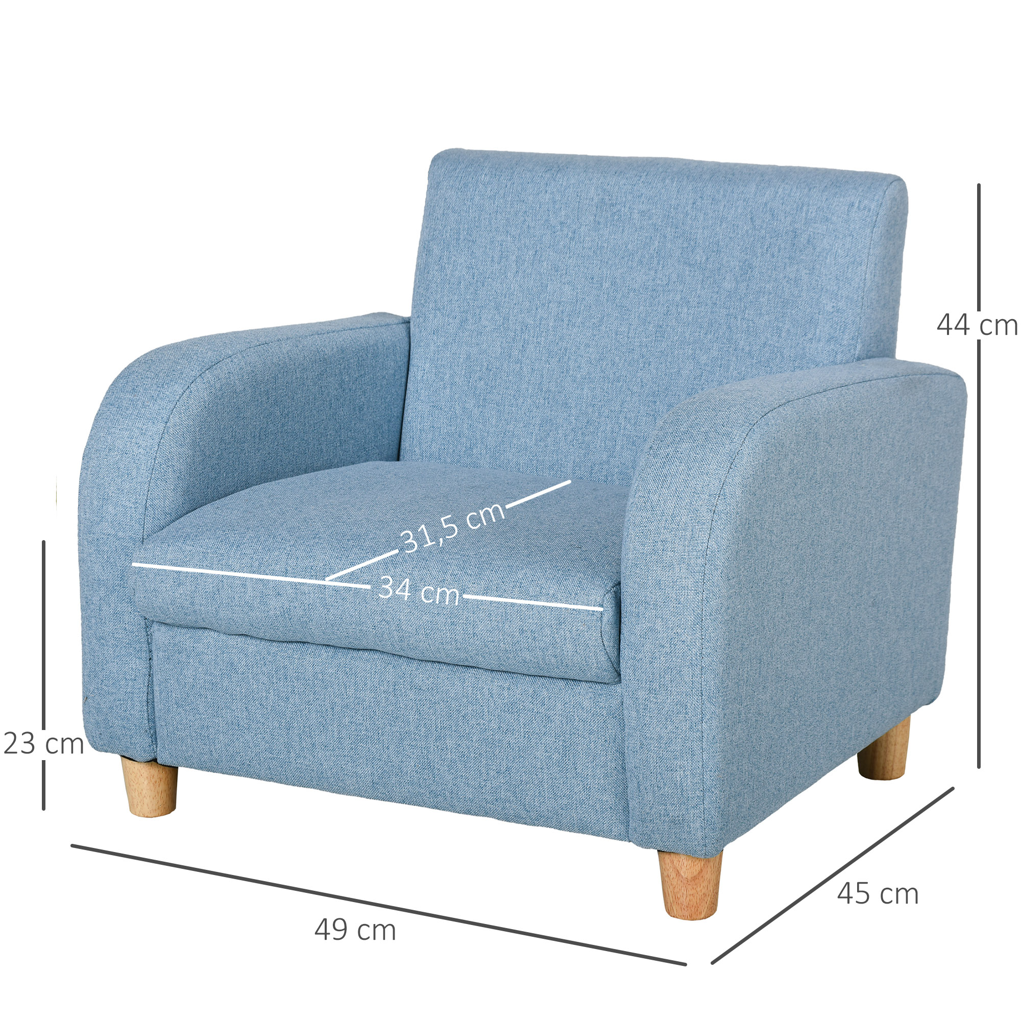 Kindersessel Kindersofa mit dickem Schaumstoff und dicken Sitzkissen Kindercouch Stuhl Liegesofa mit Anti-Rutsch-Füßen für 3-5 Jahre Kinder Holz Leinen Schaumstoff Blau 49x45x44,5 cm