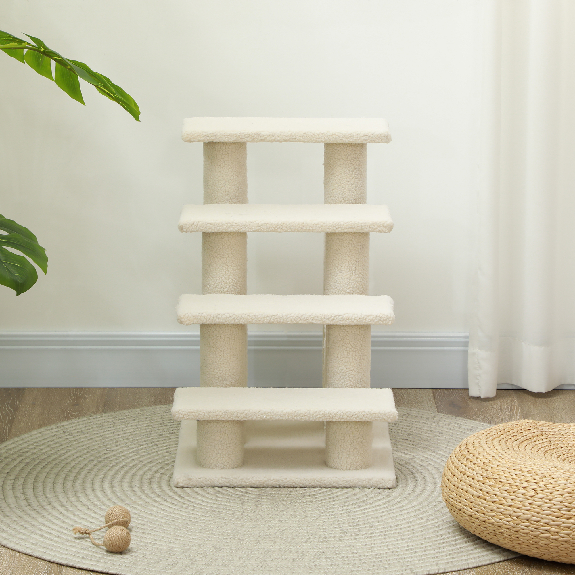 Katzentreppe 4 Stufen Tiertreppe Treppe für Katze Haustiertreppe Hundetreppe aus Plüsch 61 x 41 x 60 cm Cremeweiß