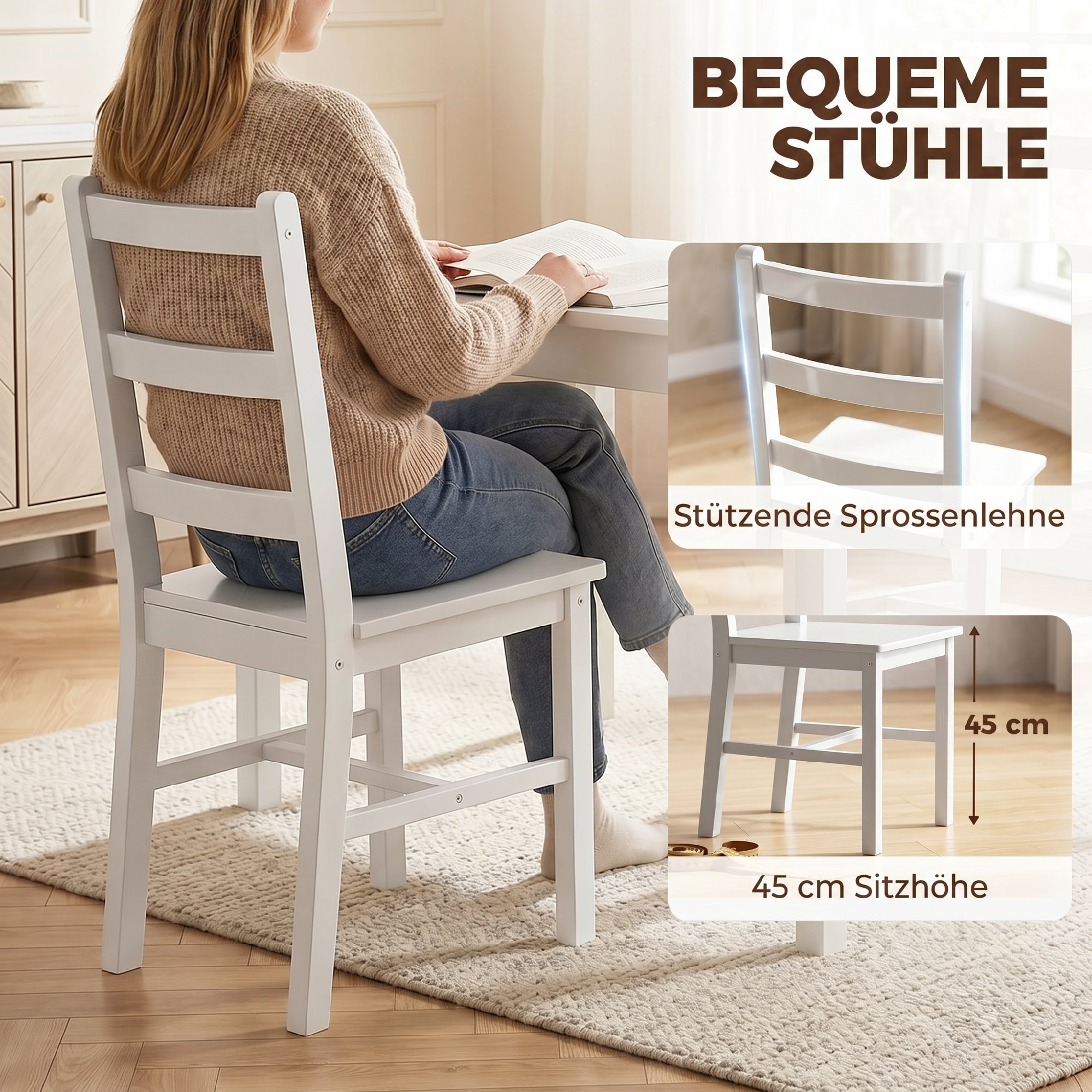 5-teiliges Esszimmer-Set für 4 Personen, rechteckiger Esstisch und Stühle aus massivem Holz, für kleine Räume, Weiß