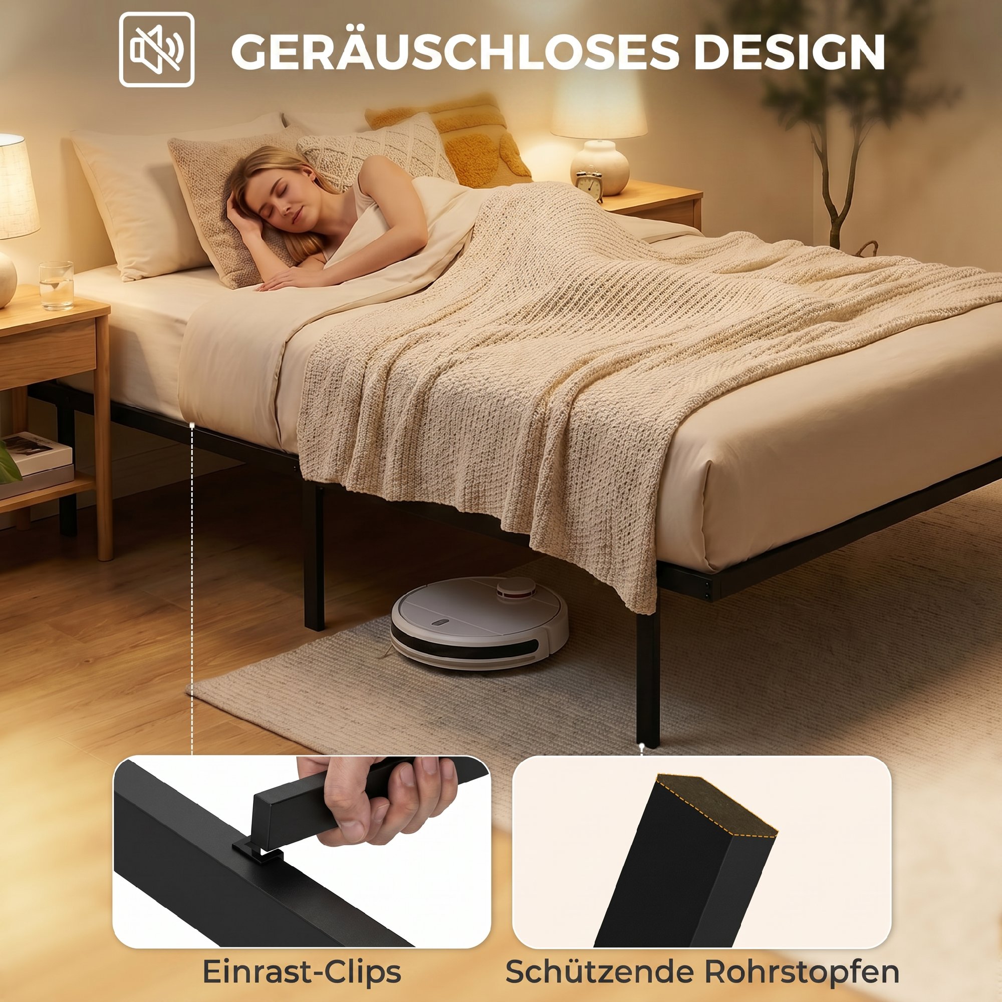 Bettgestell, 90 x 200 cm Metallbett mit Stauraum unter dem Bett, Metallgestell mit Lattenrost, kein Boxspring nötig