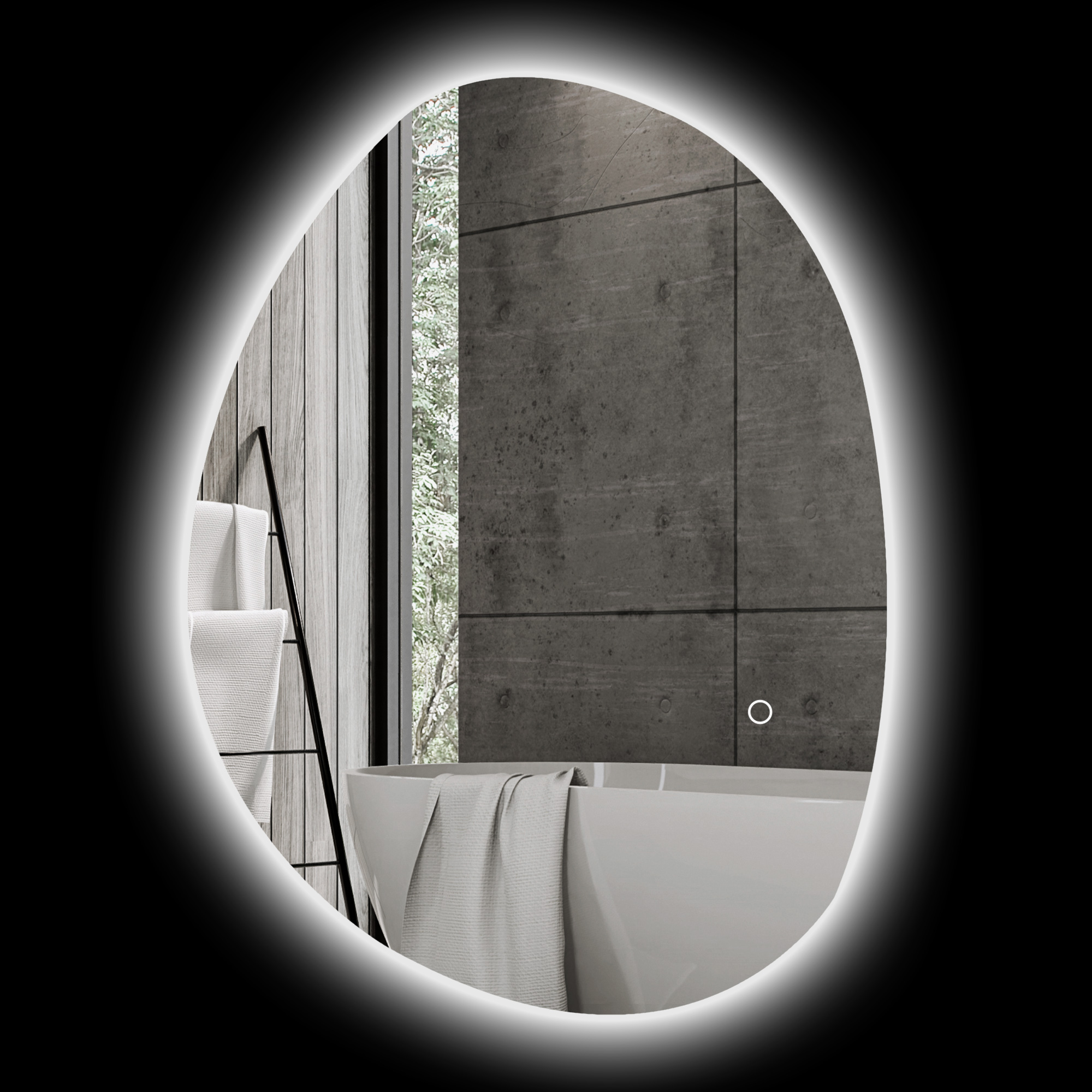 70 x 50 cm Asymmetrischer Badspiegel mit LED-Licht, Smart Touch Schalter, Anti-Beschlag-Funktion, Silber