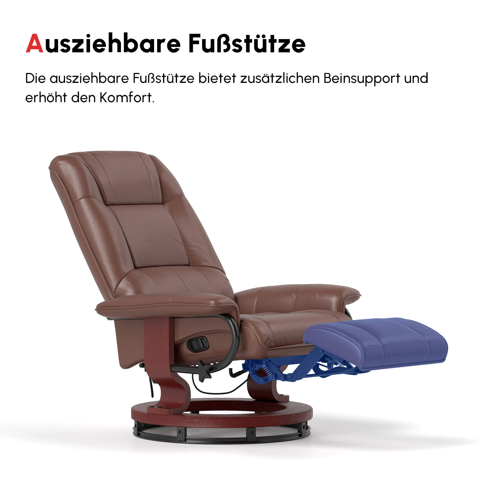 Relaxsessel, 145° neigbar, verstellbare Fußstütze, Kunstleder, 360° drehbar, bis 120 kg, Braun