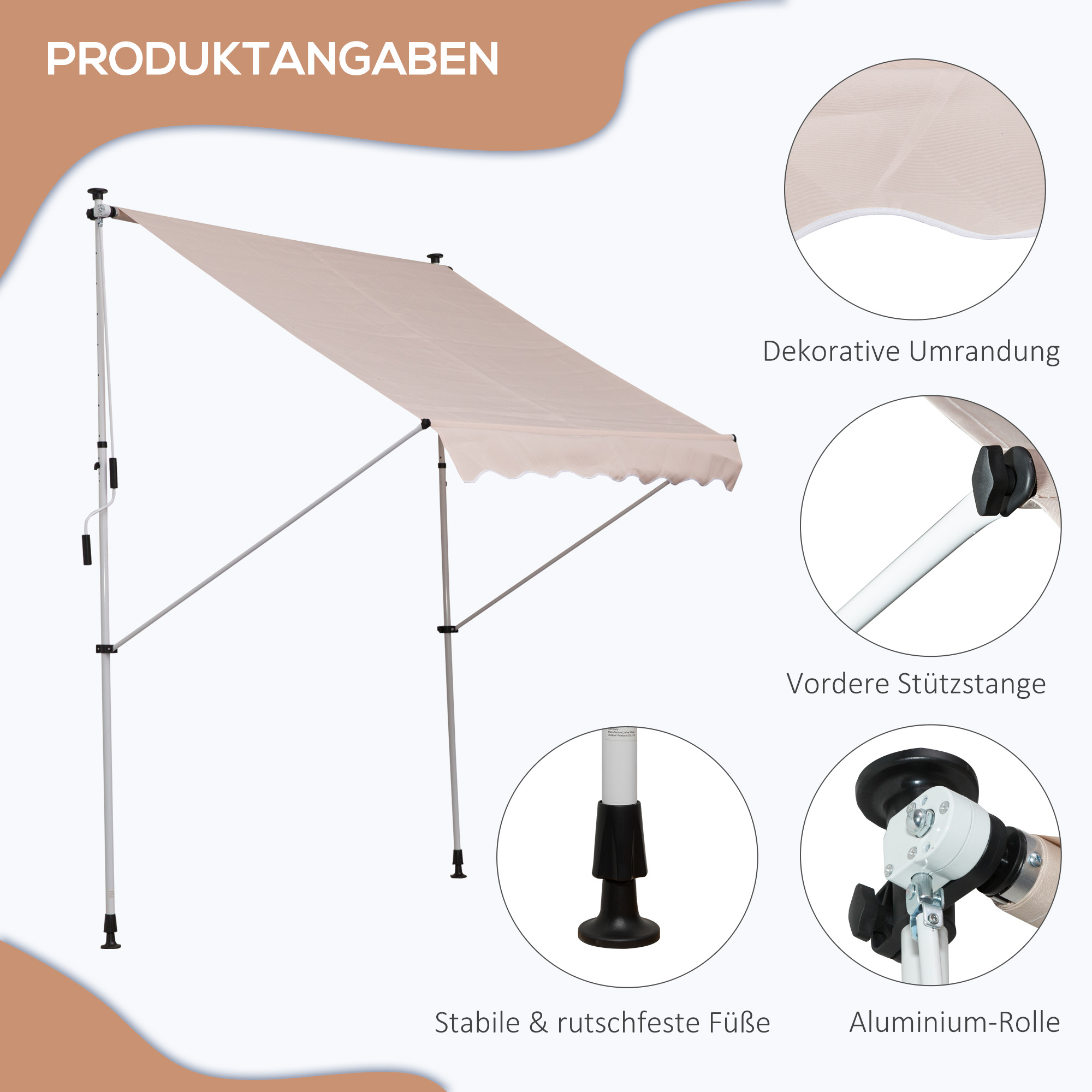 Klemmmarkise mit Handkurbel höhenverstellbar Gelenkarmmarkise schmutzabweisend, witterungsbeständig Balkonmarkise 150cm breit Terrassenmarkise für Terrasse Balkon Veranda Cremeweiß