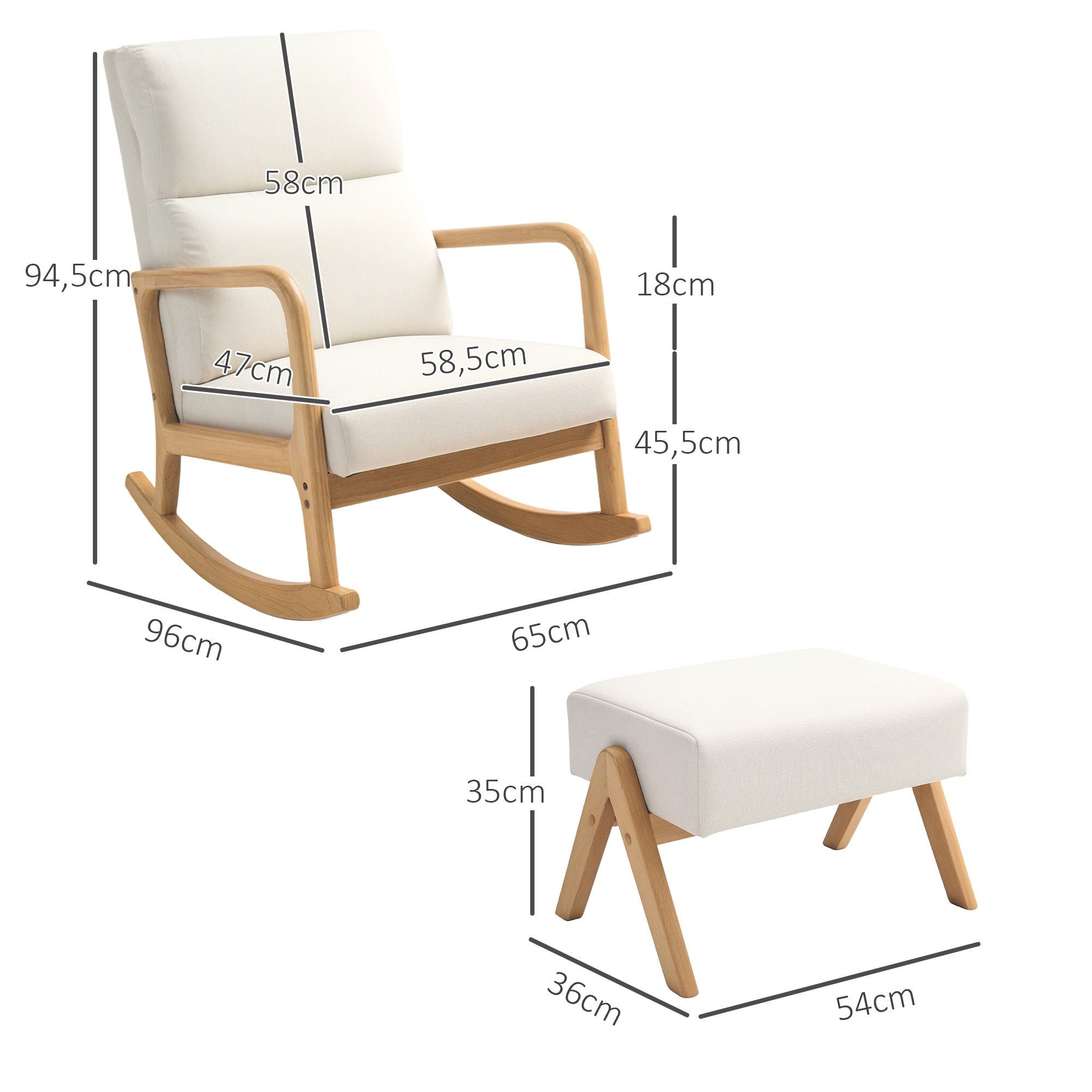 Schaukelstuhl mit Hocker, weiche Polsterung, Leinenoptik, Holzrahmen, Cremeweiß