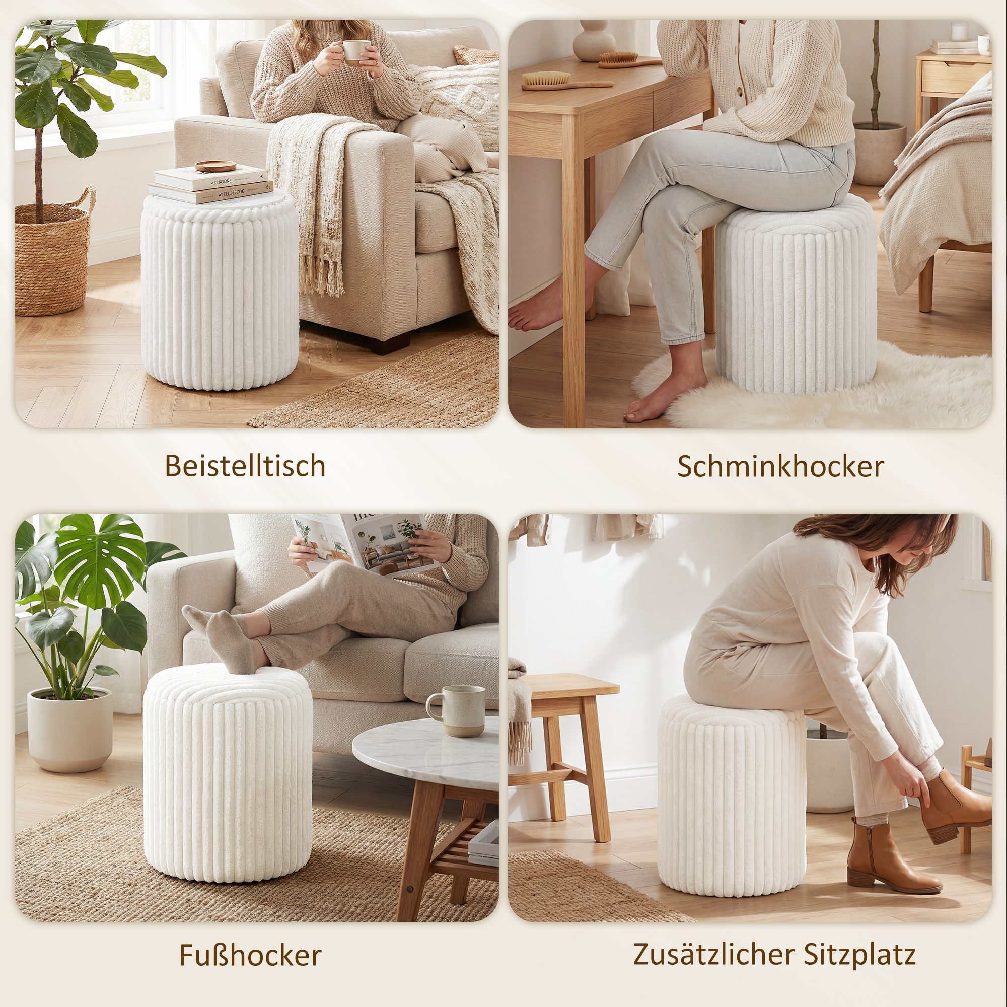 Aufbewahrungshocker mit Wendedeckel, Moderner Cord-Sitzhocker für Wohnzimmer und Schlafzimmer, Weiß