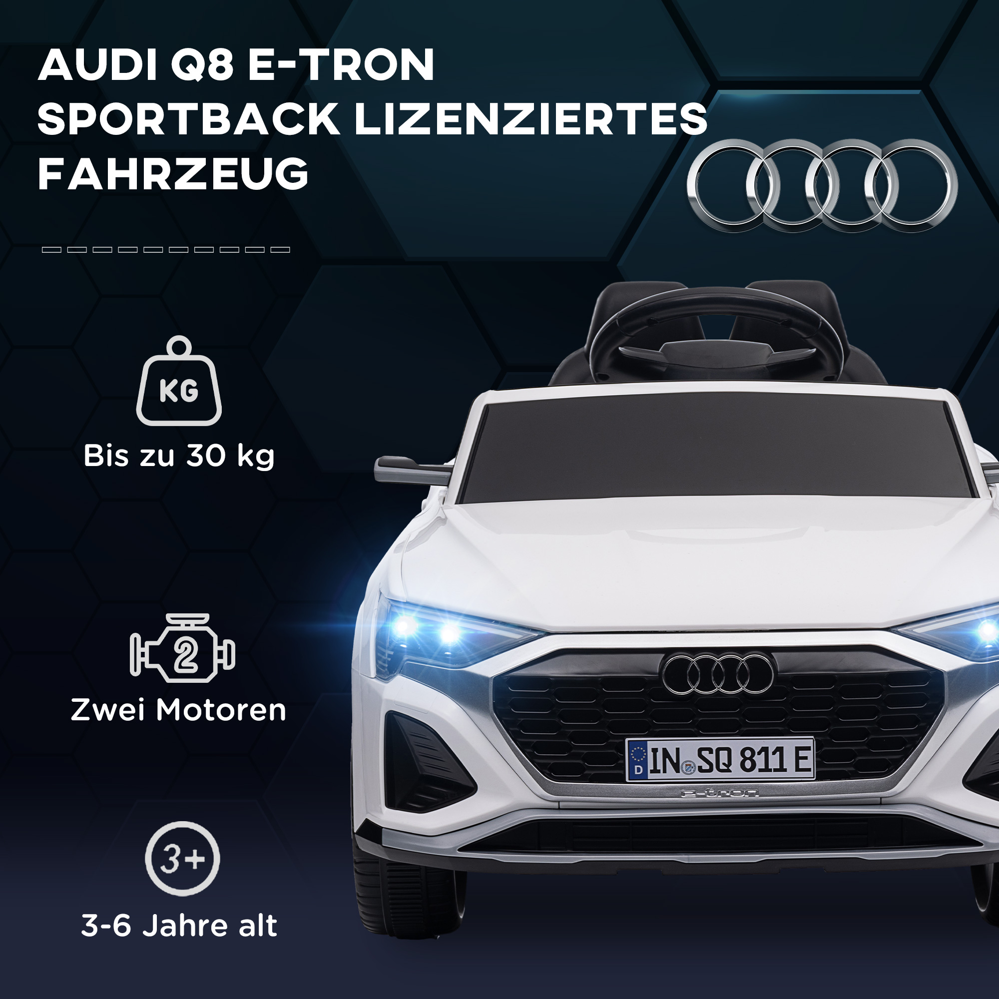 Kinderfahrzeug Audi Q8, 3-5 km/h, Fernsteuerung, Scheinwerfer, Musik, weiß