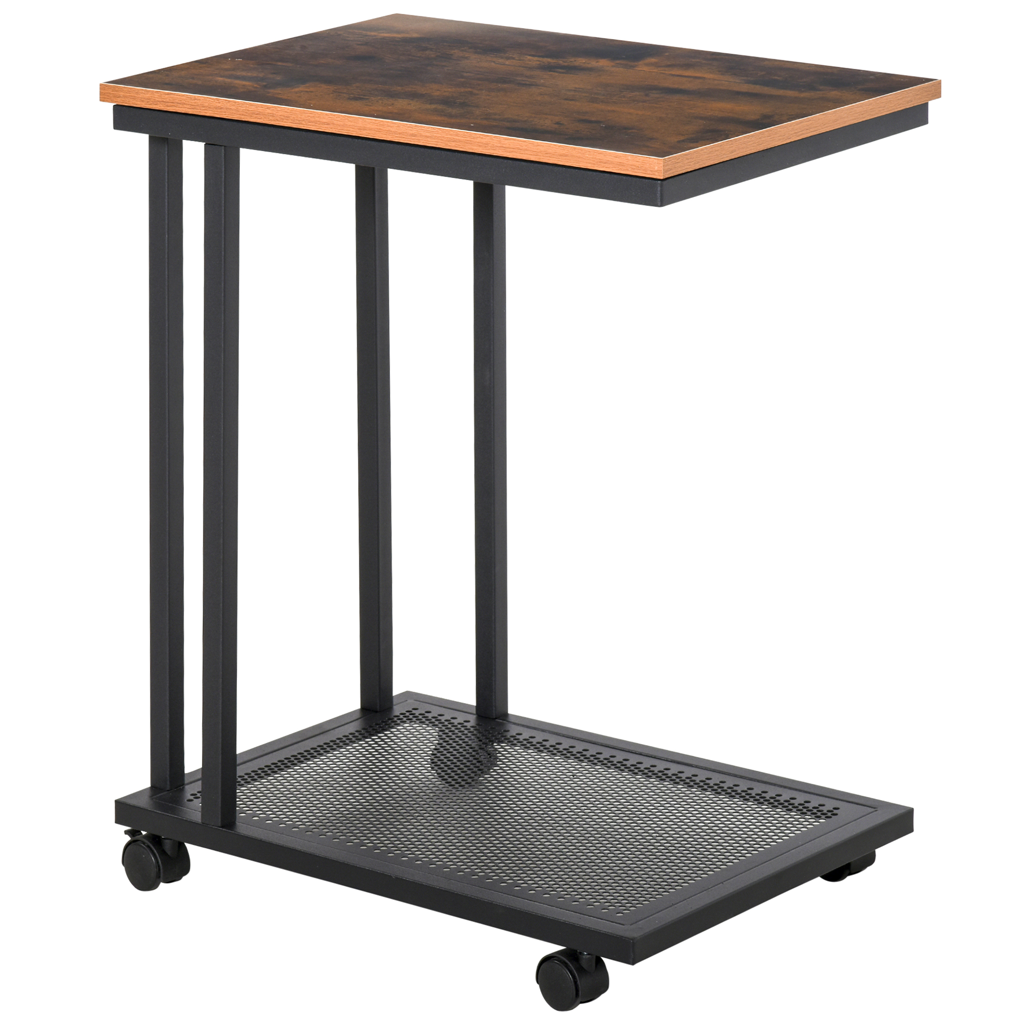 Beistelltisch C-Form Rollwagen Servierwagen Laptoptisch Sofatisch Beistelltisch Nachttisch Betttisch mit Metallgestell Industrie-Design Nachttisch Schwarz + Walnuss gemasert 51 x 36 x 65 cm