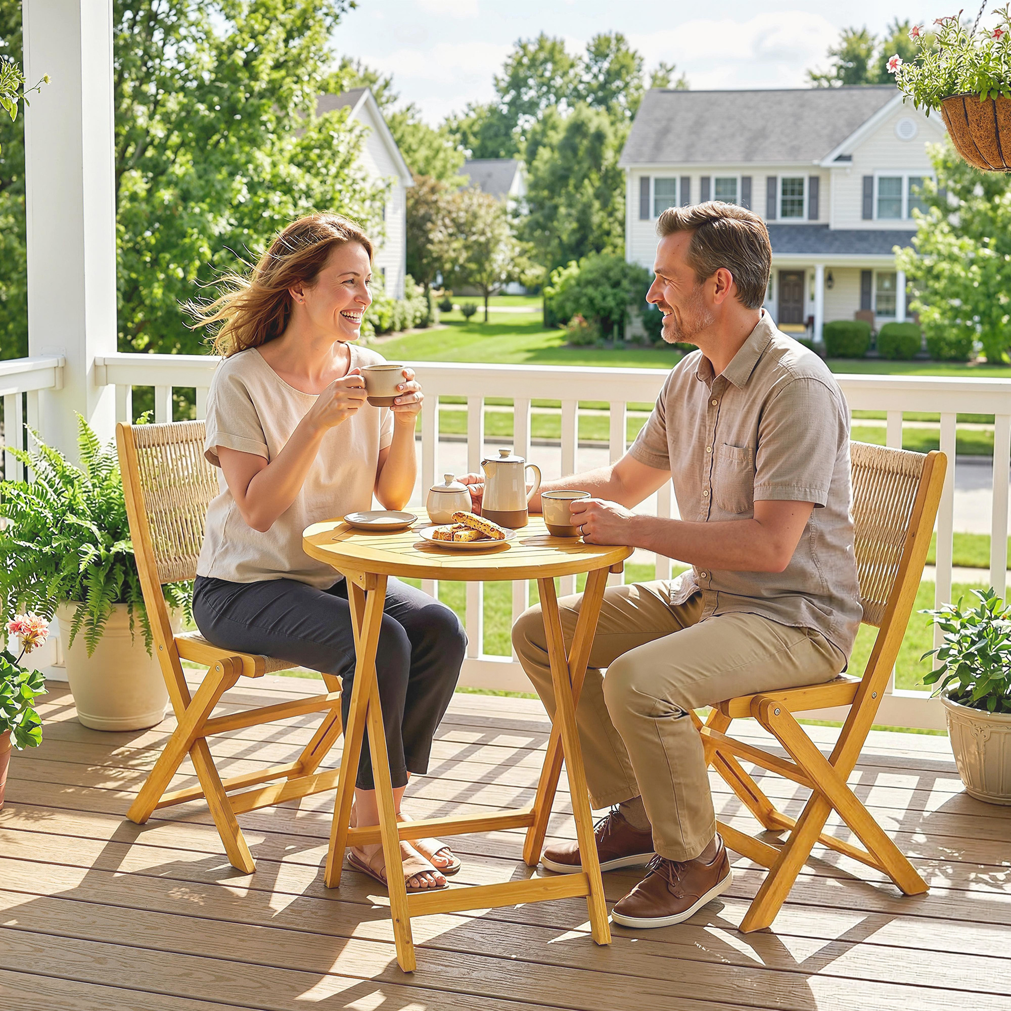 Balkonmöbel Set 3 teilig Polyrattan Holz klappbar Gartenmöbel Set mit Tisch 2 Stühle, Atmungsaktiv