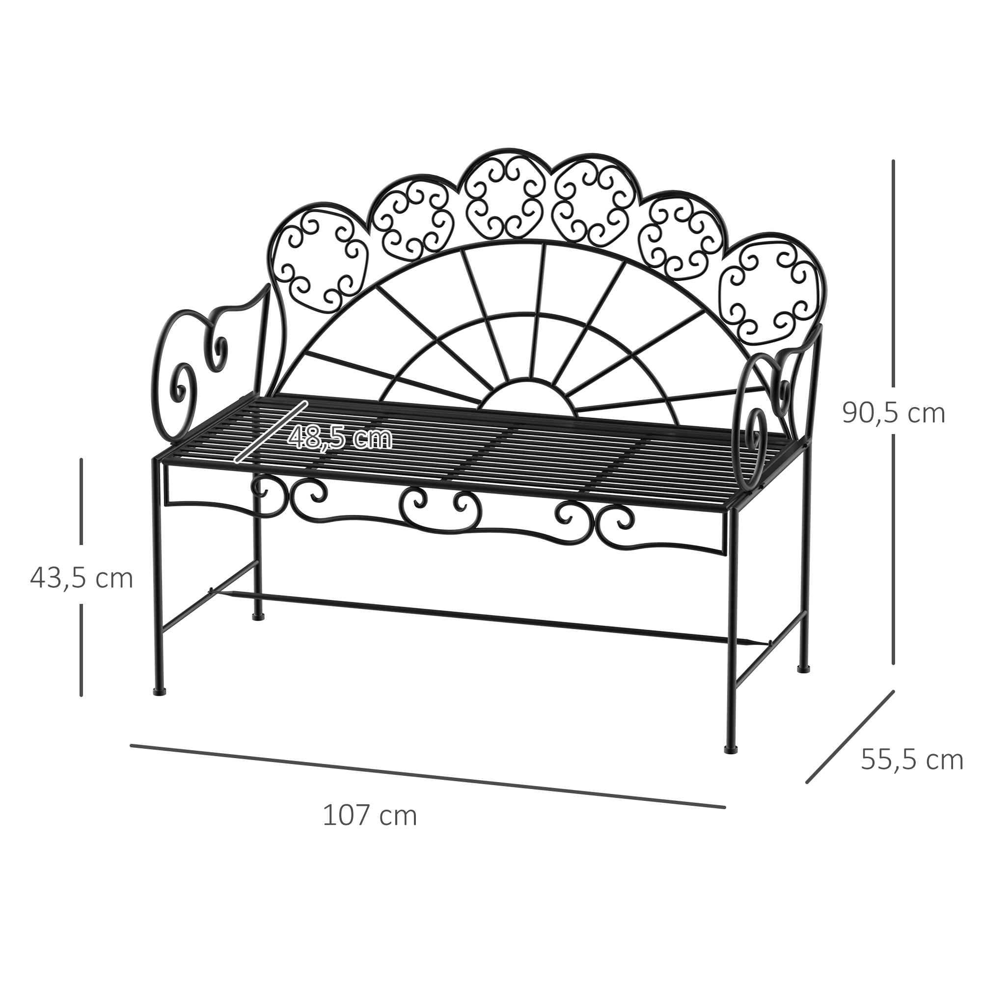 2-Sitzer Gartenbank robust, Parkbank rostfrei Sitzbank Bank Gartenmöbel für Terrasse, Garten und den generellen Außenbereich 107cm x 55,5cm x 90,5cm, Schwarz