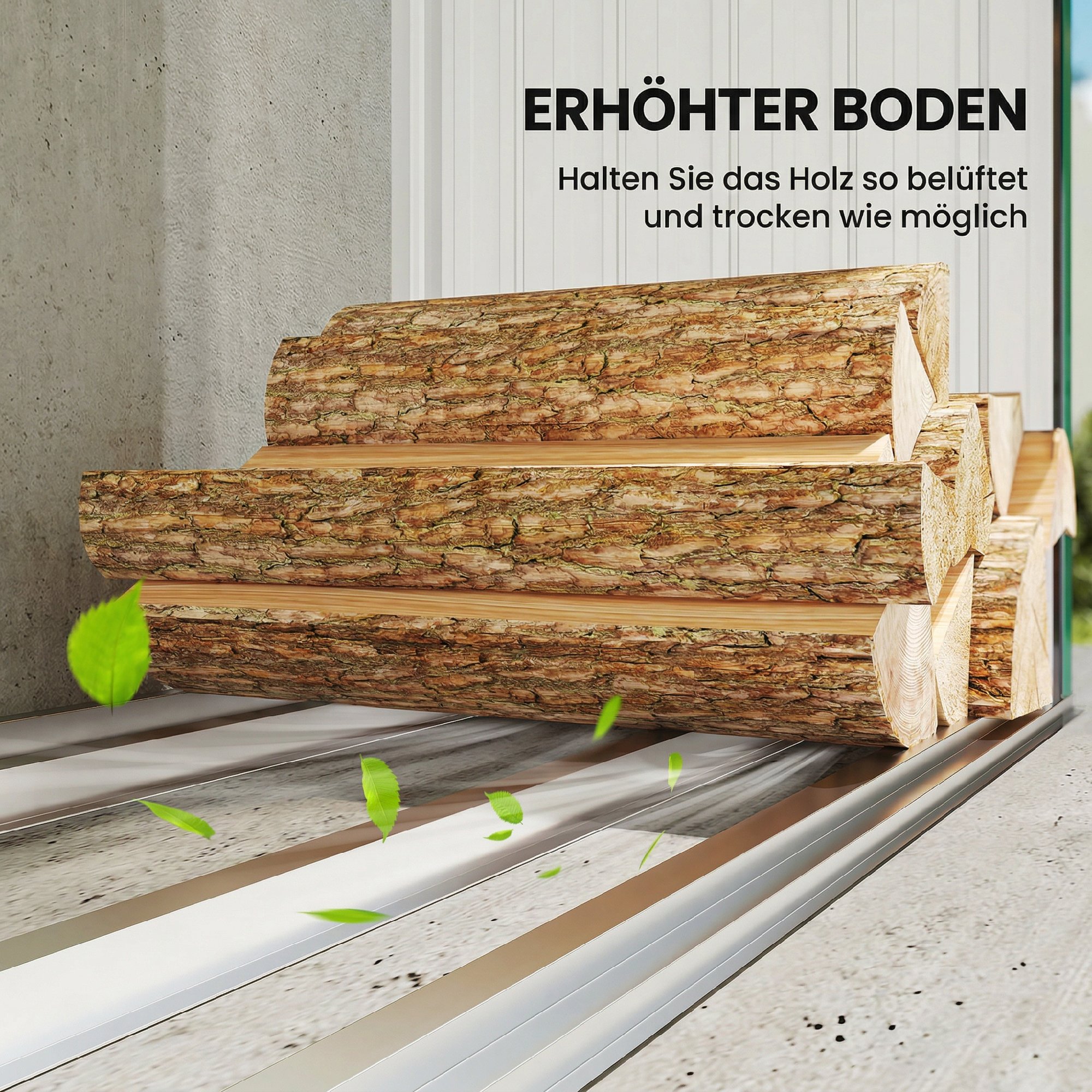 Brennholzschuppen, Feuerholzunterstand, Stahl, erhöhter Boden, Schrägdach, 213 x 66,5 x 150 cm, Grün