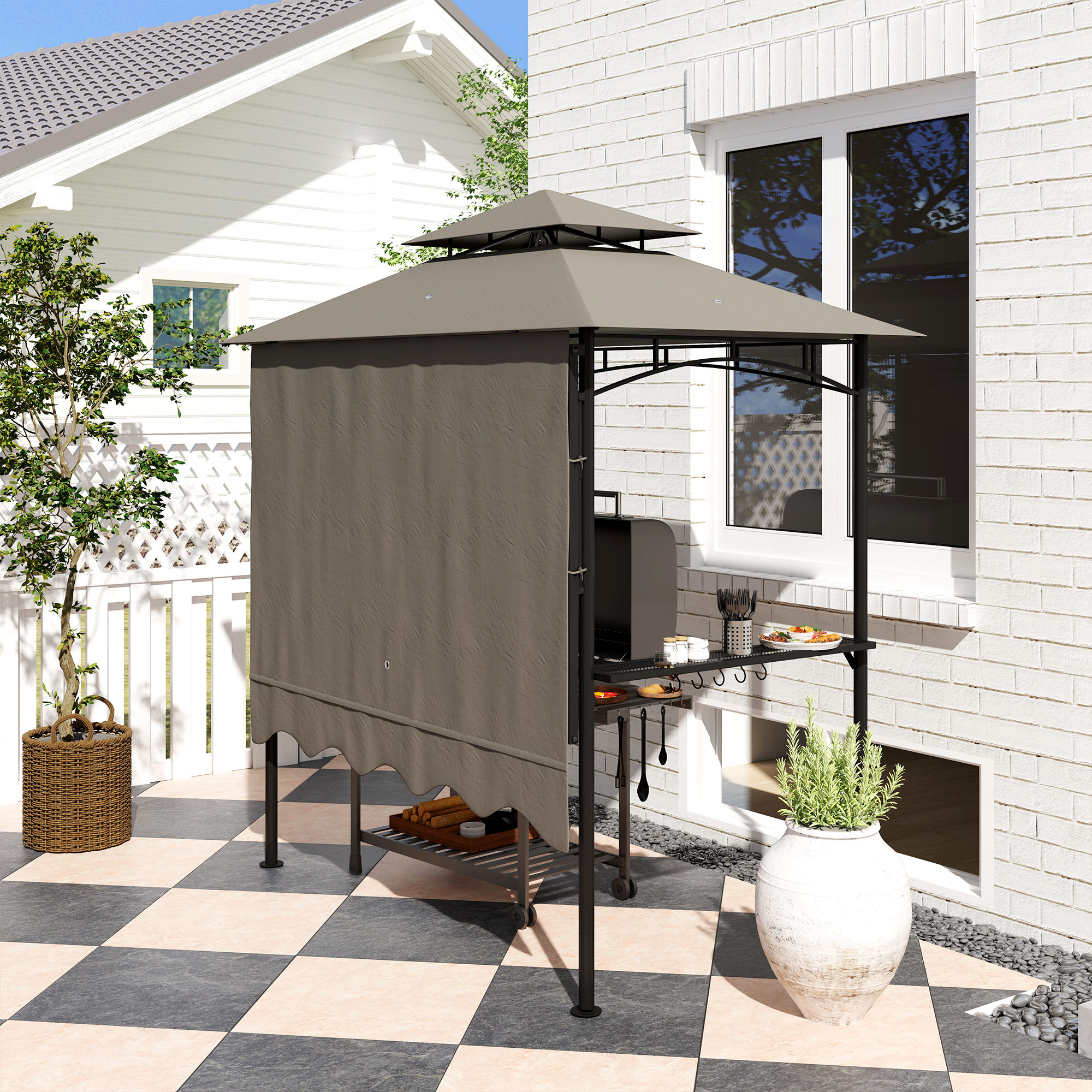 Grillpavillon 242x232x248 cm wasserabweisend flammhemmend Gartenpavillon mit Doppelschichtdach Grau