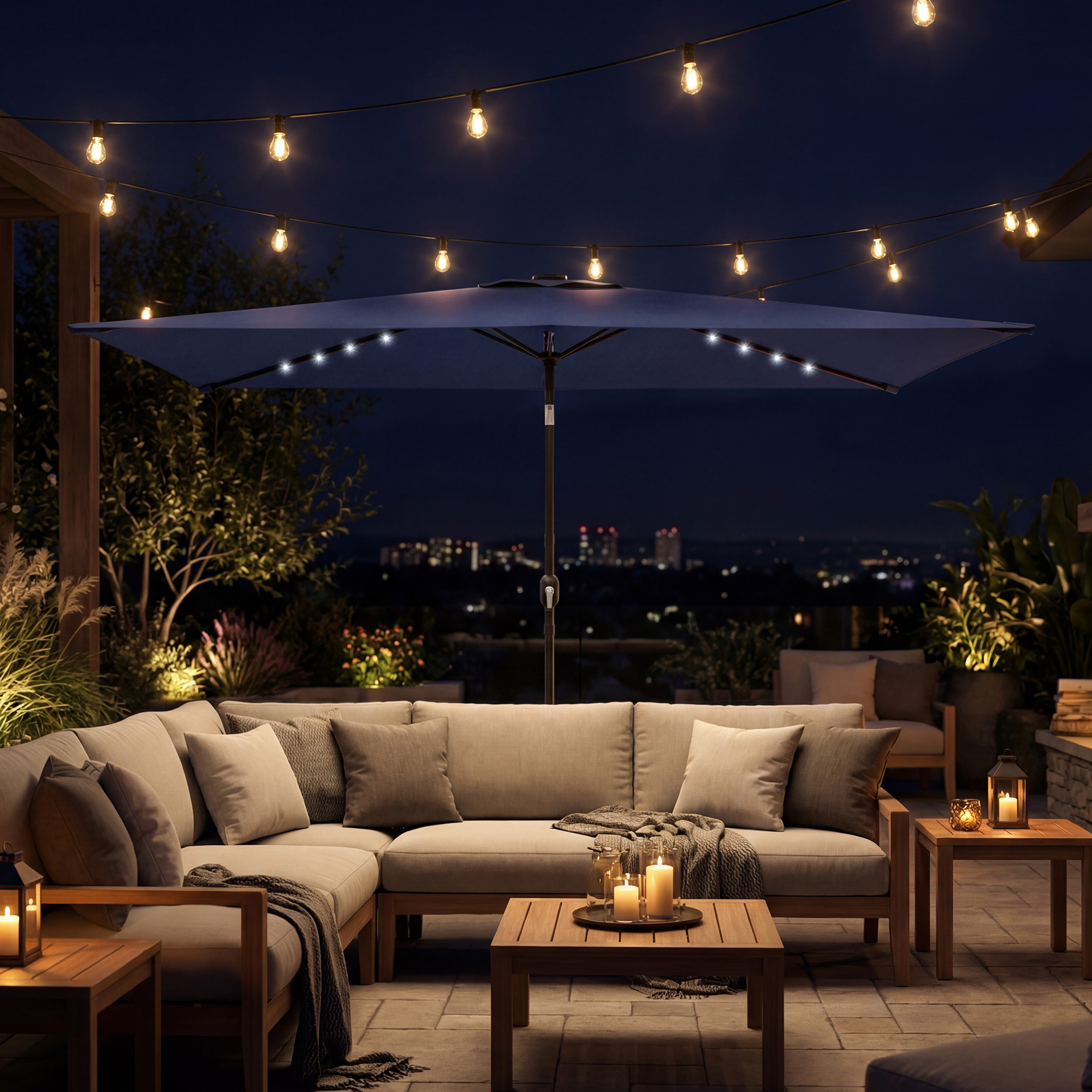 Sonnenschirm LED Solar ca. 300 x 200 cm knickbar Balkonschirm mit Kurbel Schutzhülle, UV Schutz, Drehbar Marineblau