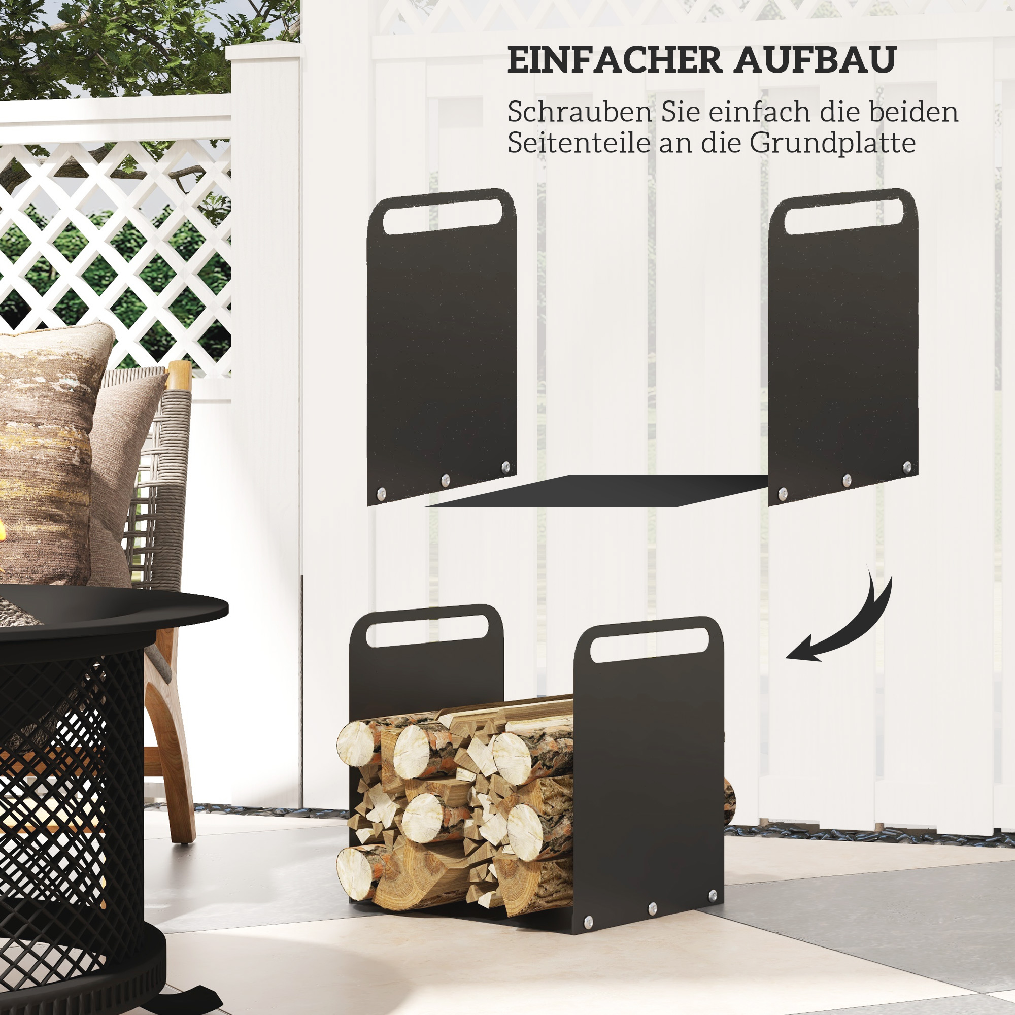 Feuerholzgestell, 2 Tragegriffe, Stahlrahmen, bis 30kg, 36x30x36cm, Schwarz
