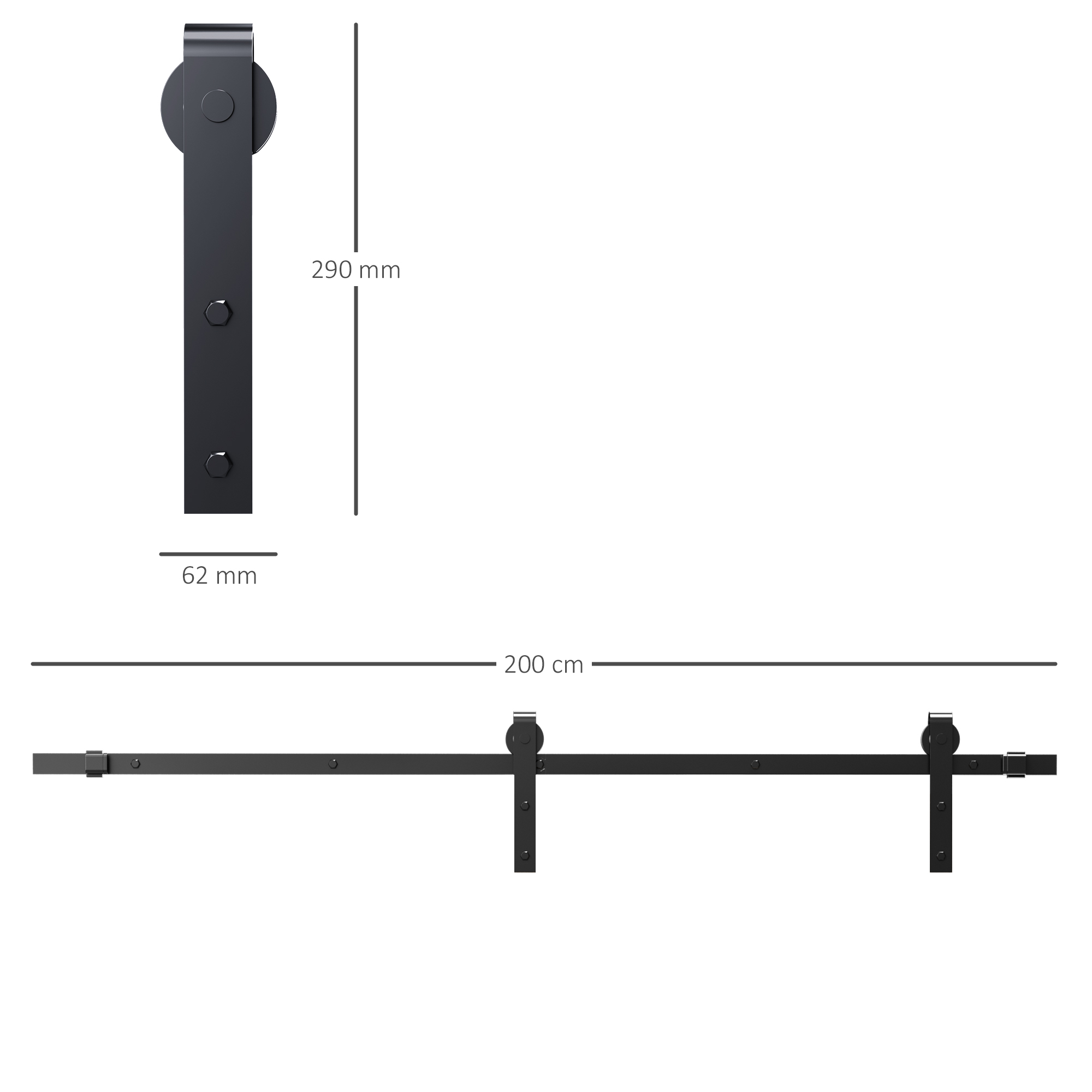 Schiebetüren-Beschlagsatz,  paltzsparend, leise, universell einsetzbar, 200 cm x 40 cm x 0,6 cm, Schwarz