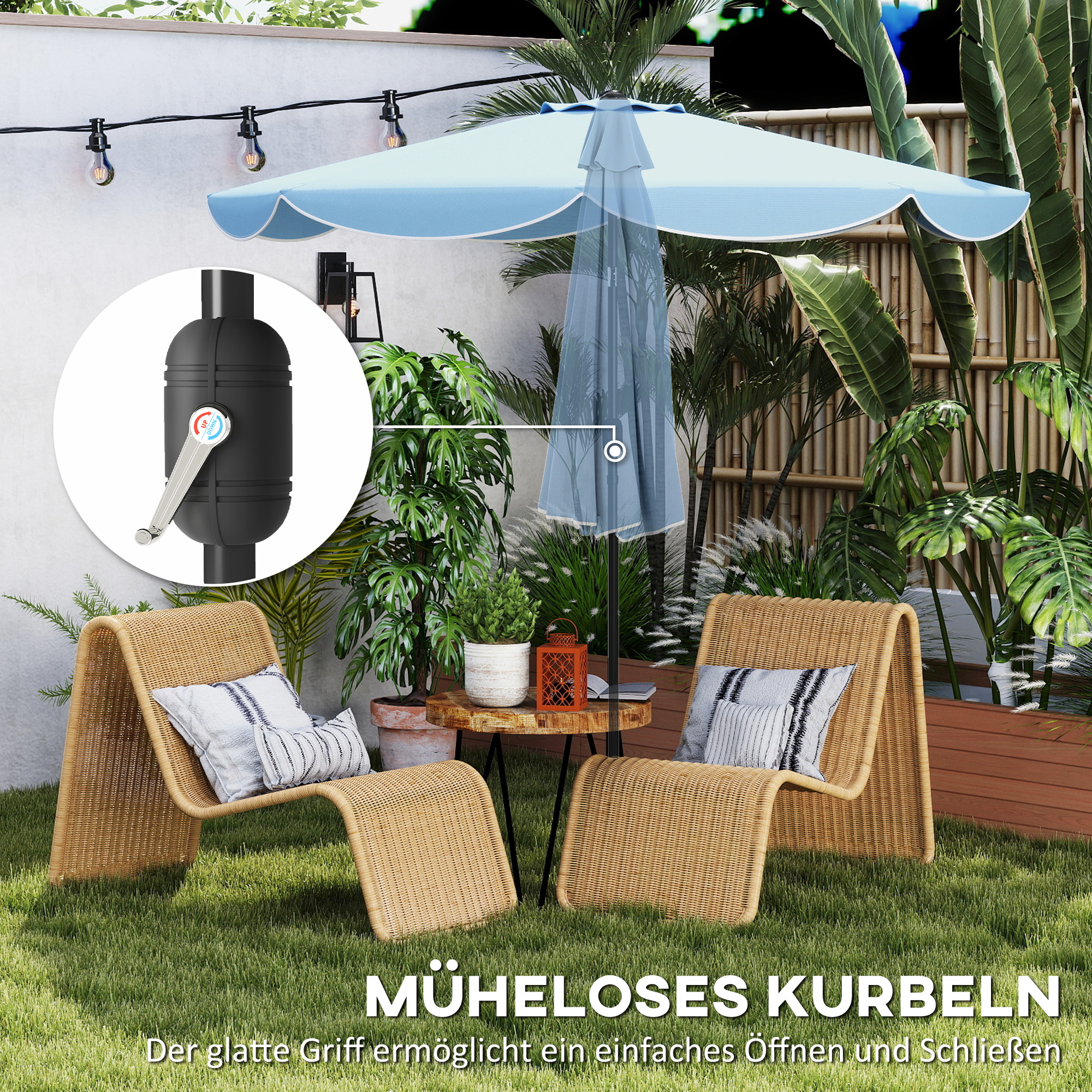 Sonnenschirm rund Balkonschirm Strandschirm mit 3-facher Neigung Kurbel 8 Streben Ø265 x 235H cm Himmelblau