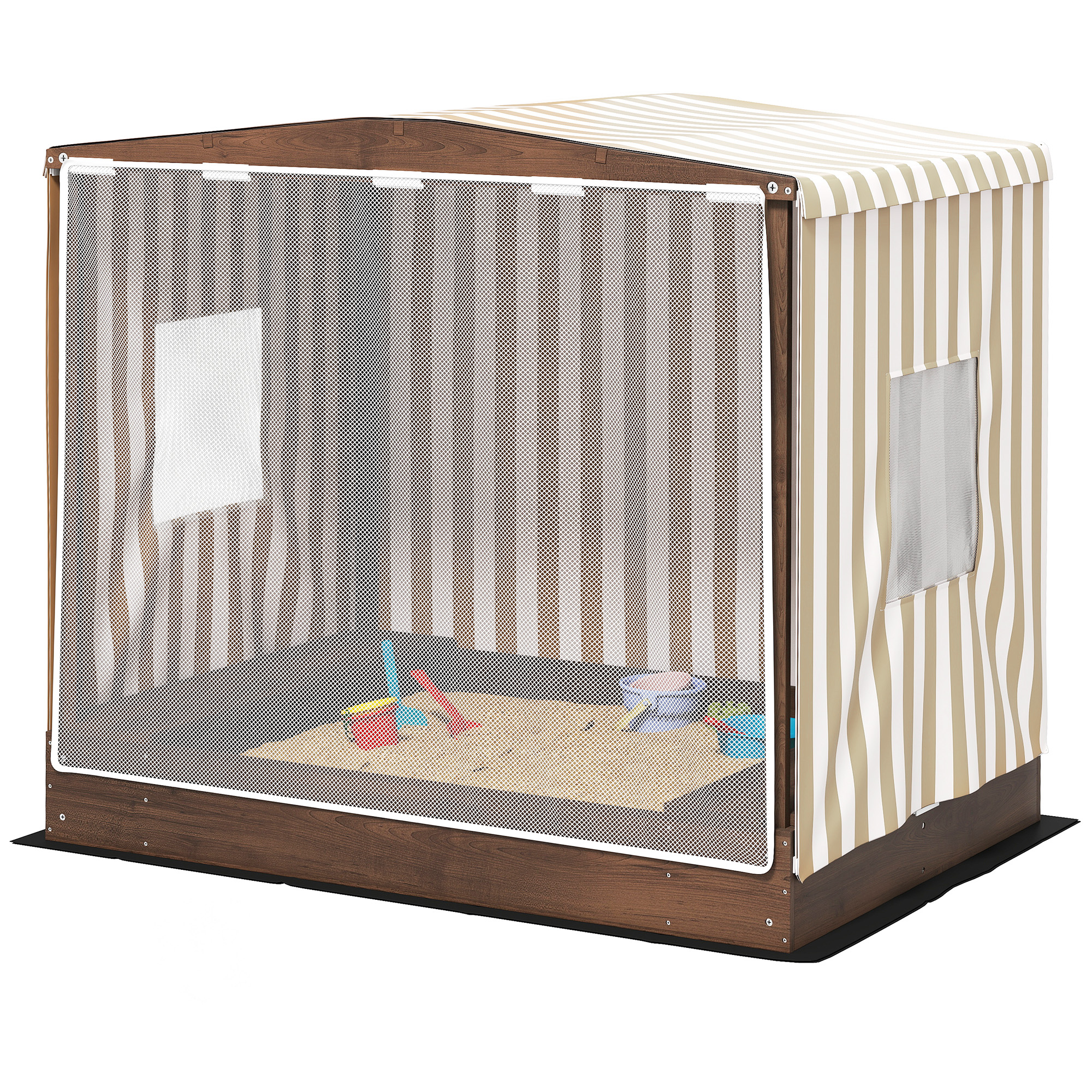 Sandkasten, Sandkiste mit Vordach und Netztür, Sitzbänke, Bodenschutz, Braun