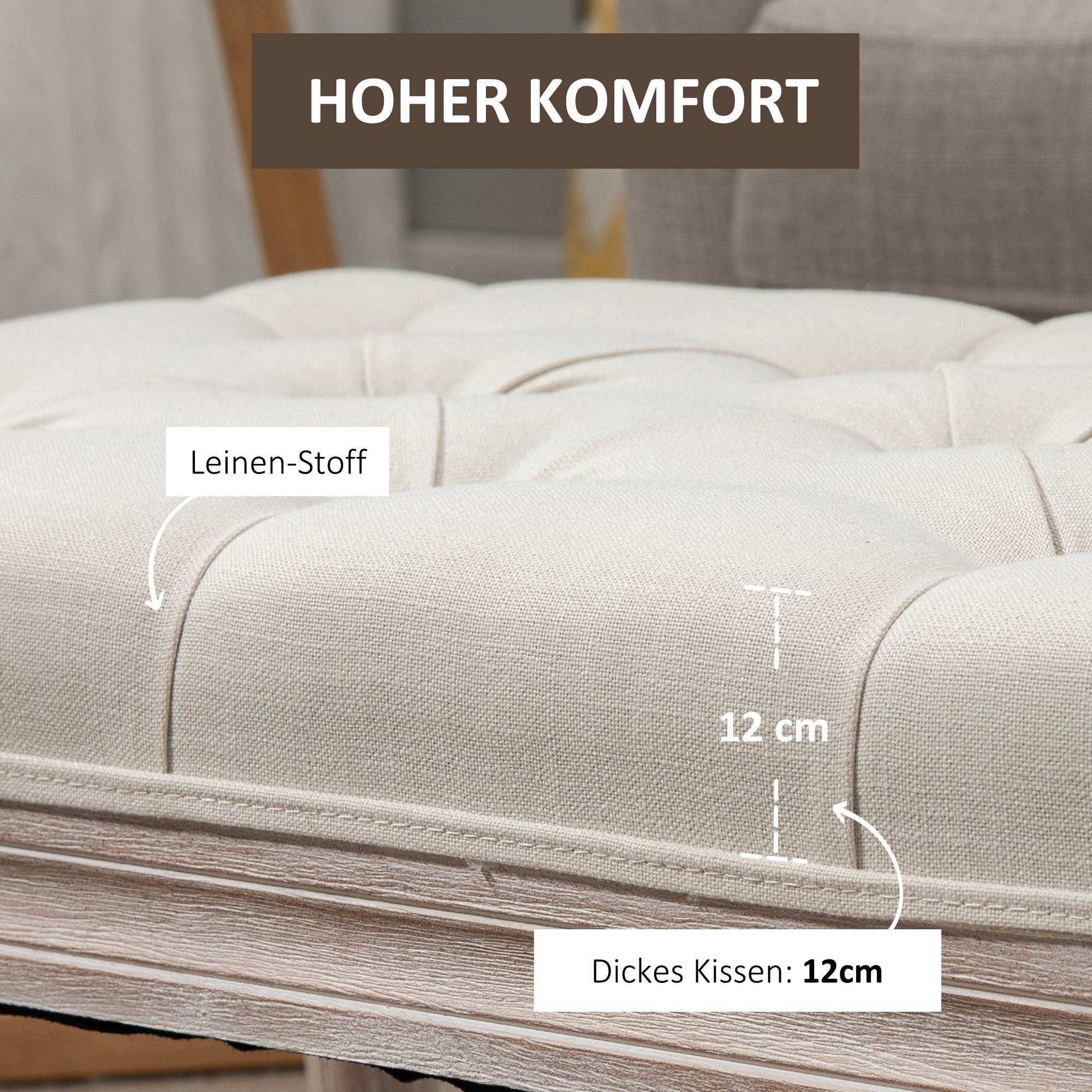 Gepolsterter Sitzhocker, Polsterbank, Fußhocker, Holz und Stoffbezug in Leinenoptik, 80L x 40B x 43H cm, Cremeweiß