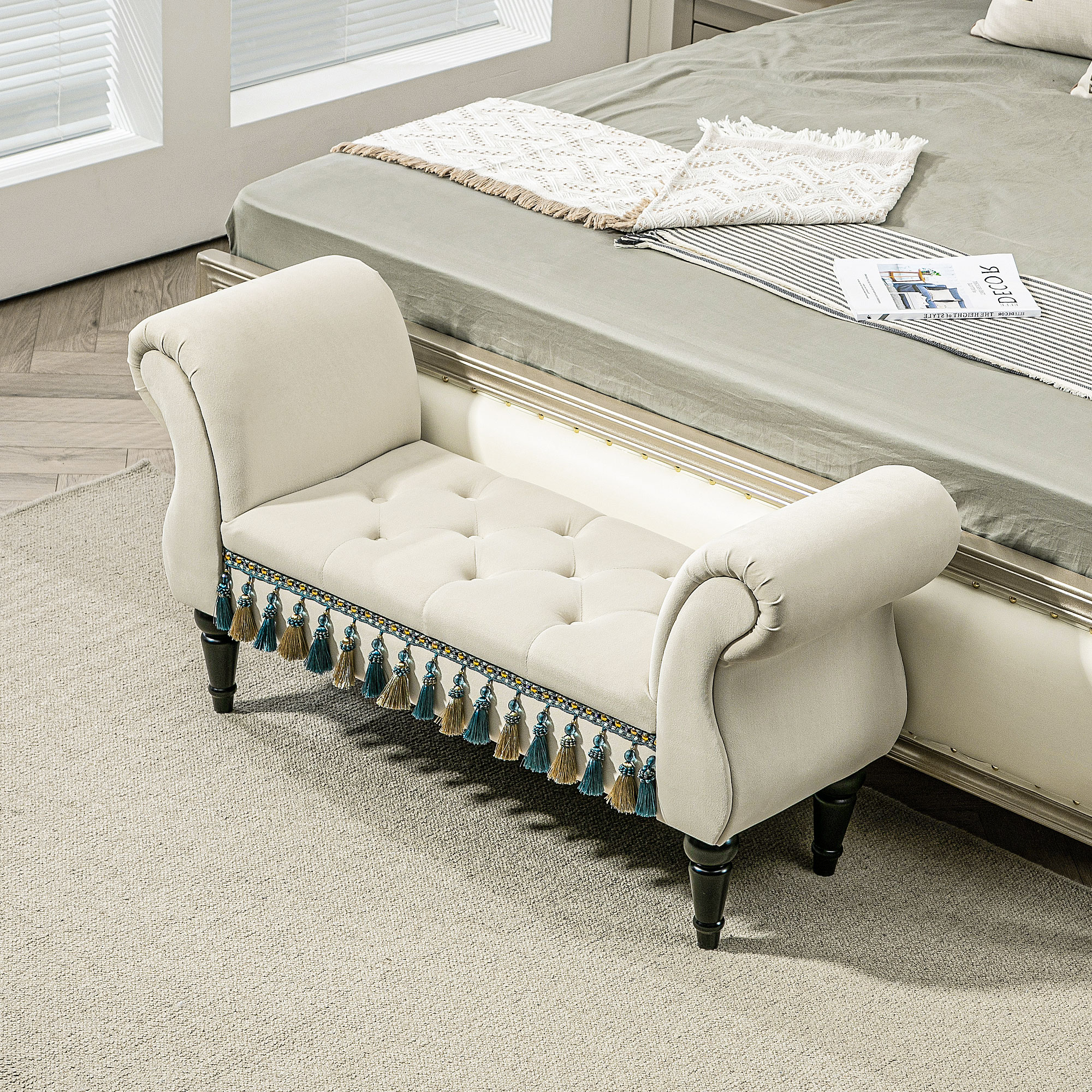 Polsterbank, Sitzbank, Vintage-Design, bis 150 kg, 117x40x58 cm, Beige