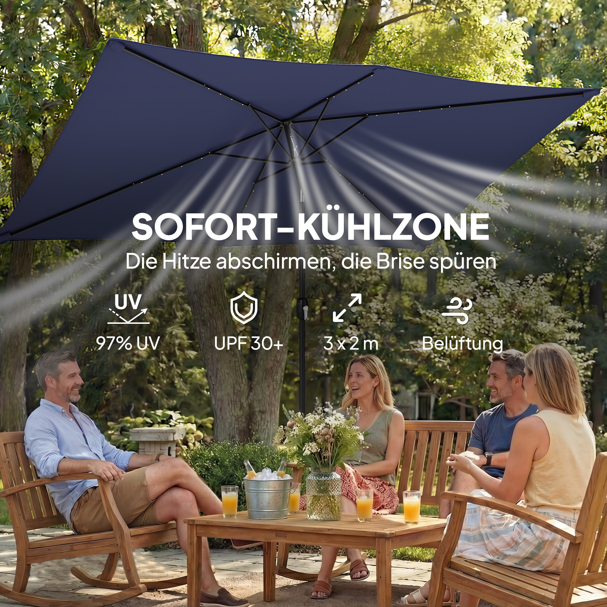 Sonnenschirm LED Solar ca. 300 x 200 cm knickbar Balkonschirm mit Kurbel Schutzhülle, UV Schutz, Drehbar Marineblau