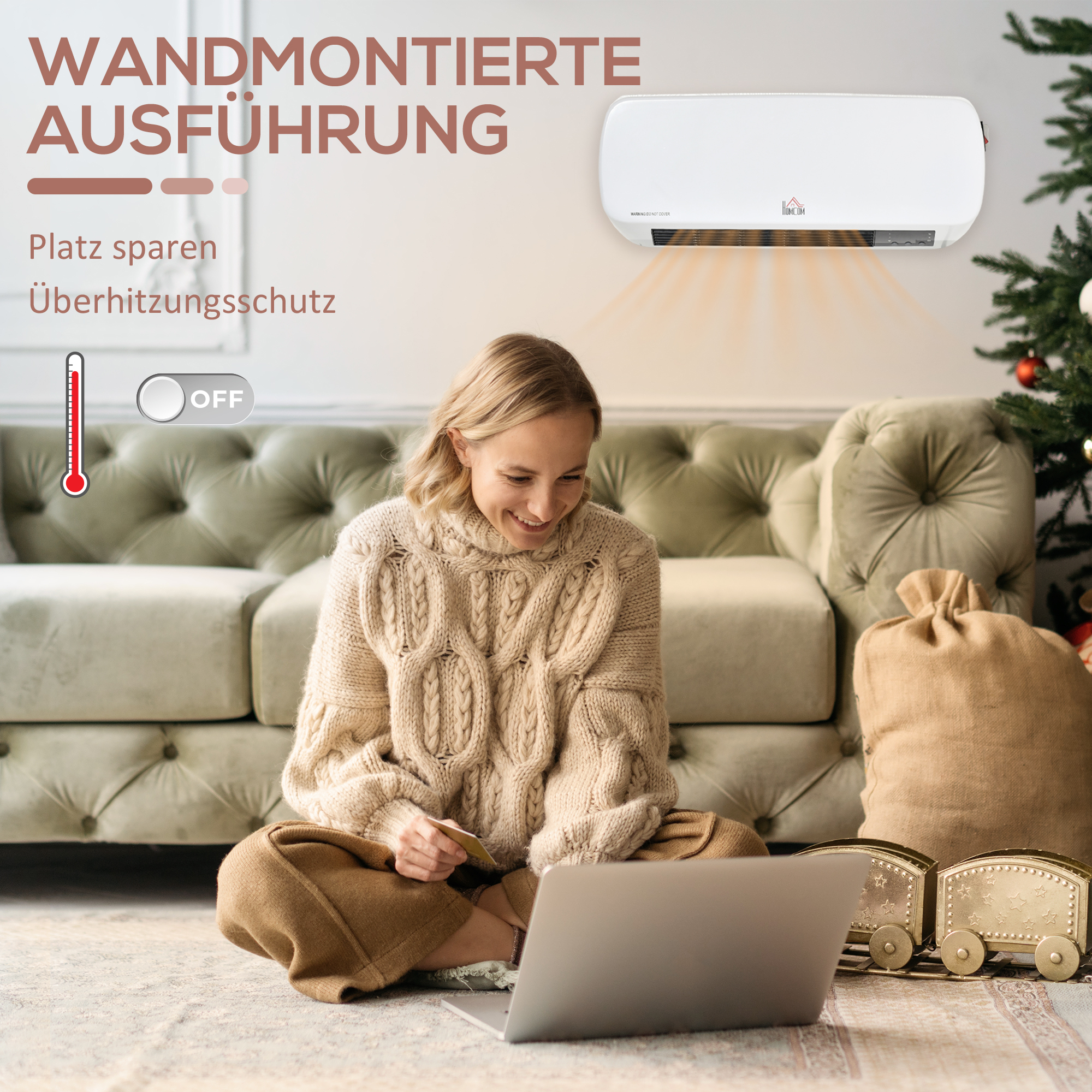 Heizlüfter zur Wandmontage 2000W mit Fernbedienung 2 Heizmodus LED-Display 12h Timer für Badezimmer